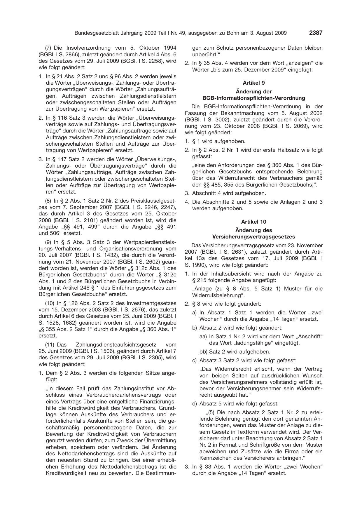 BGBl. 2009, Seite 2387 — Originalseite als Abbildung