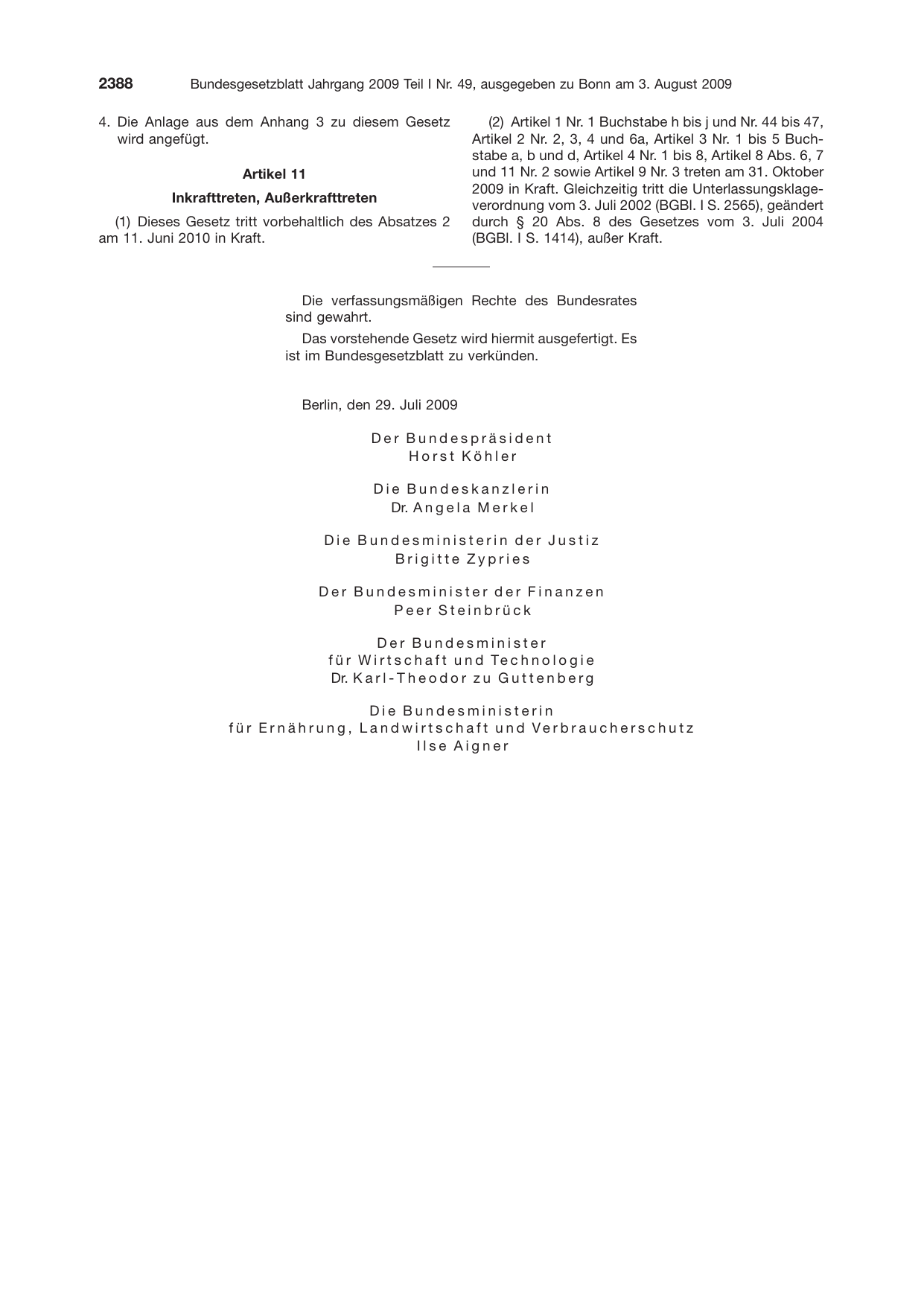 BGBl. 2009, Seite 2388 — Originalseite als Abbildung