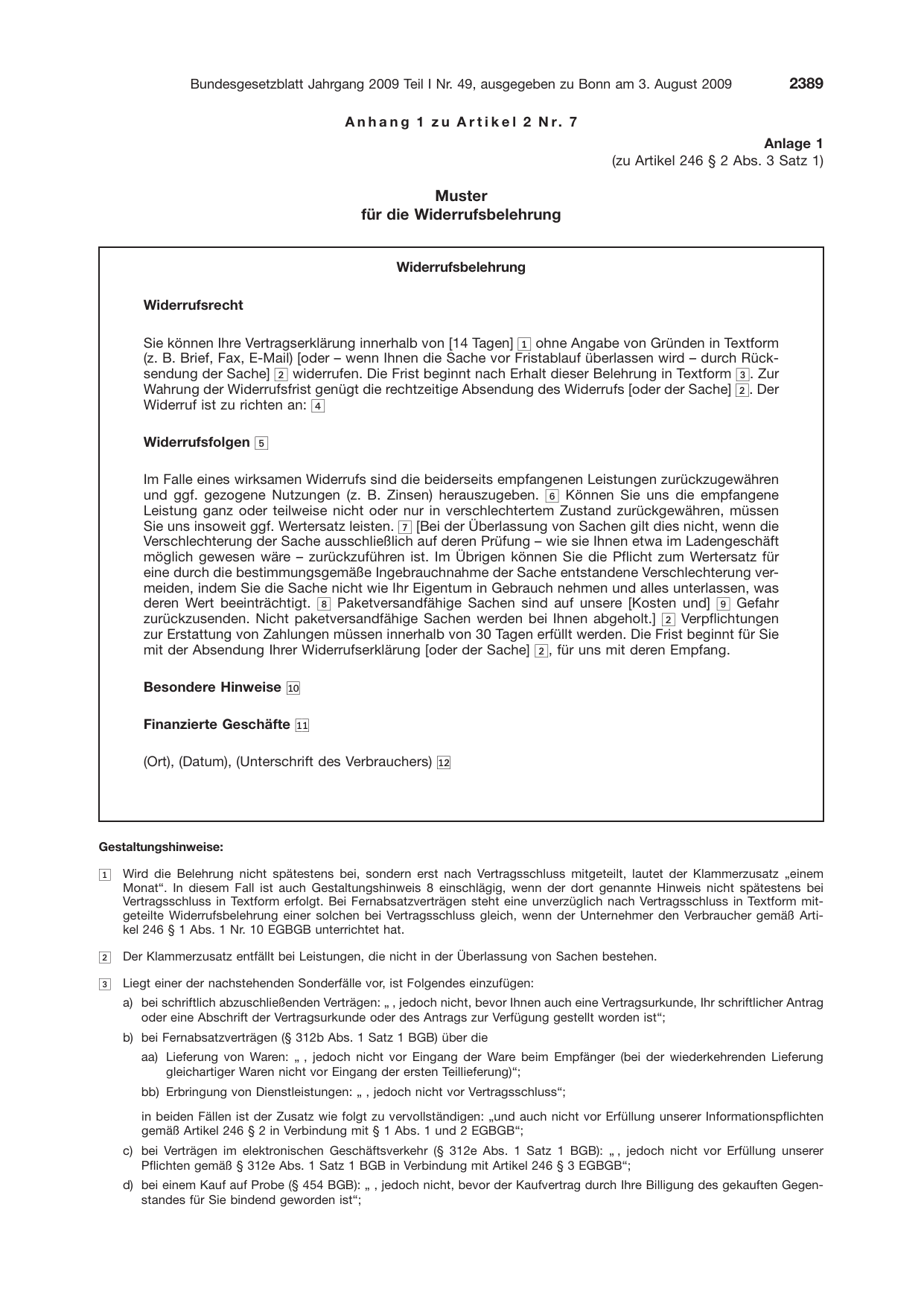 BGBl. 2009, Seite 2389 — Originalseite als Abbildung