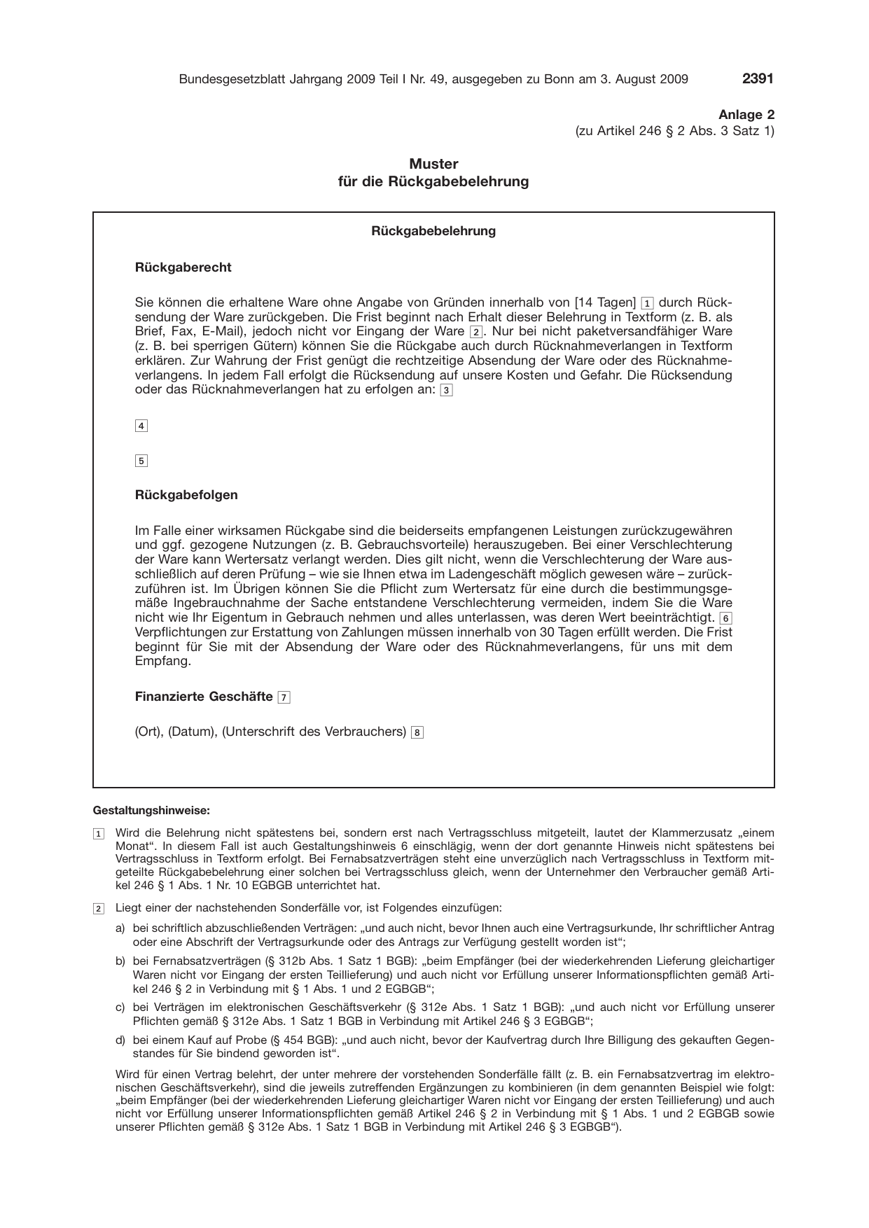 BGBl. 2009, Seite 2391 — Originalseite als Abbildung
