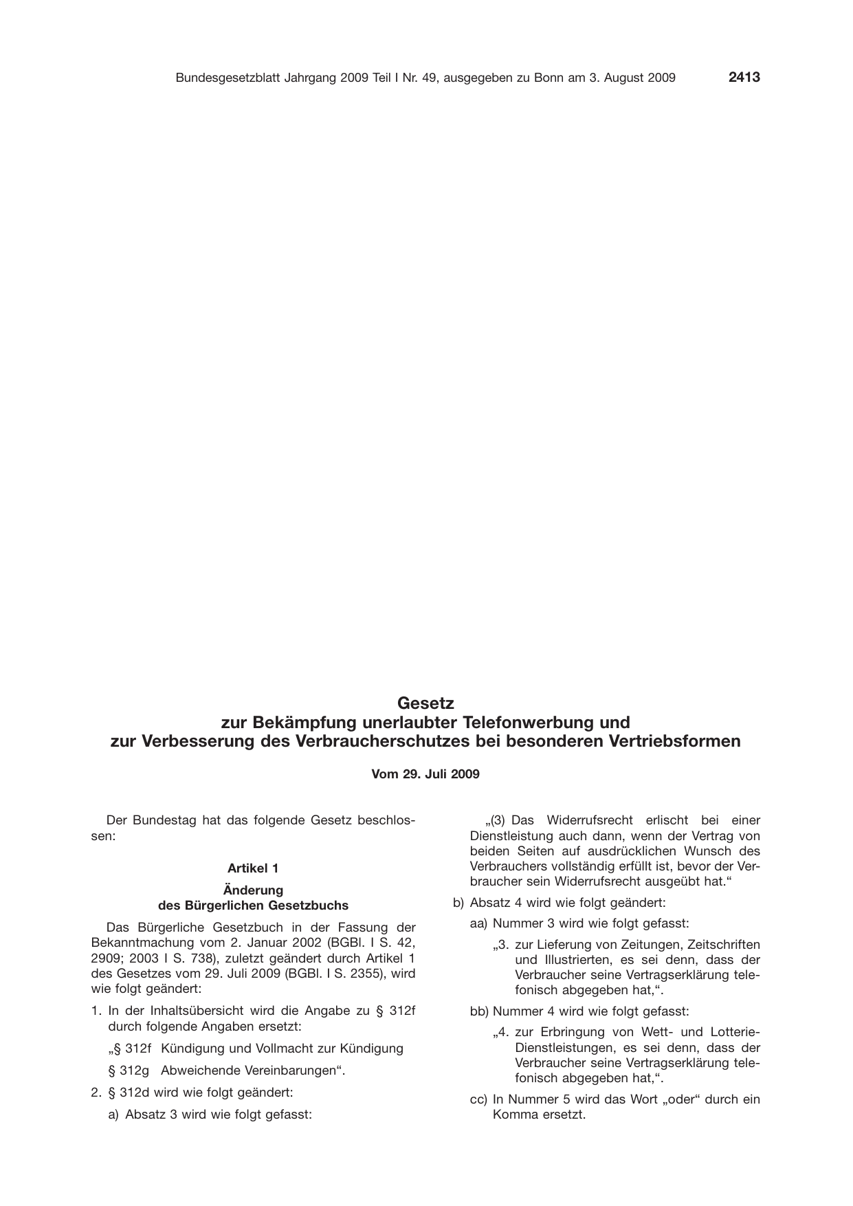 BGBl. 2009, Seite 2413 — Originalseite als Abbildung
