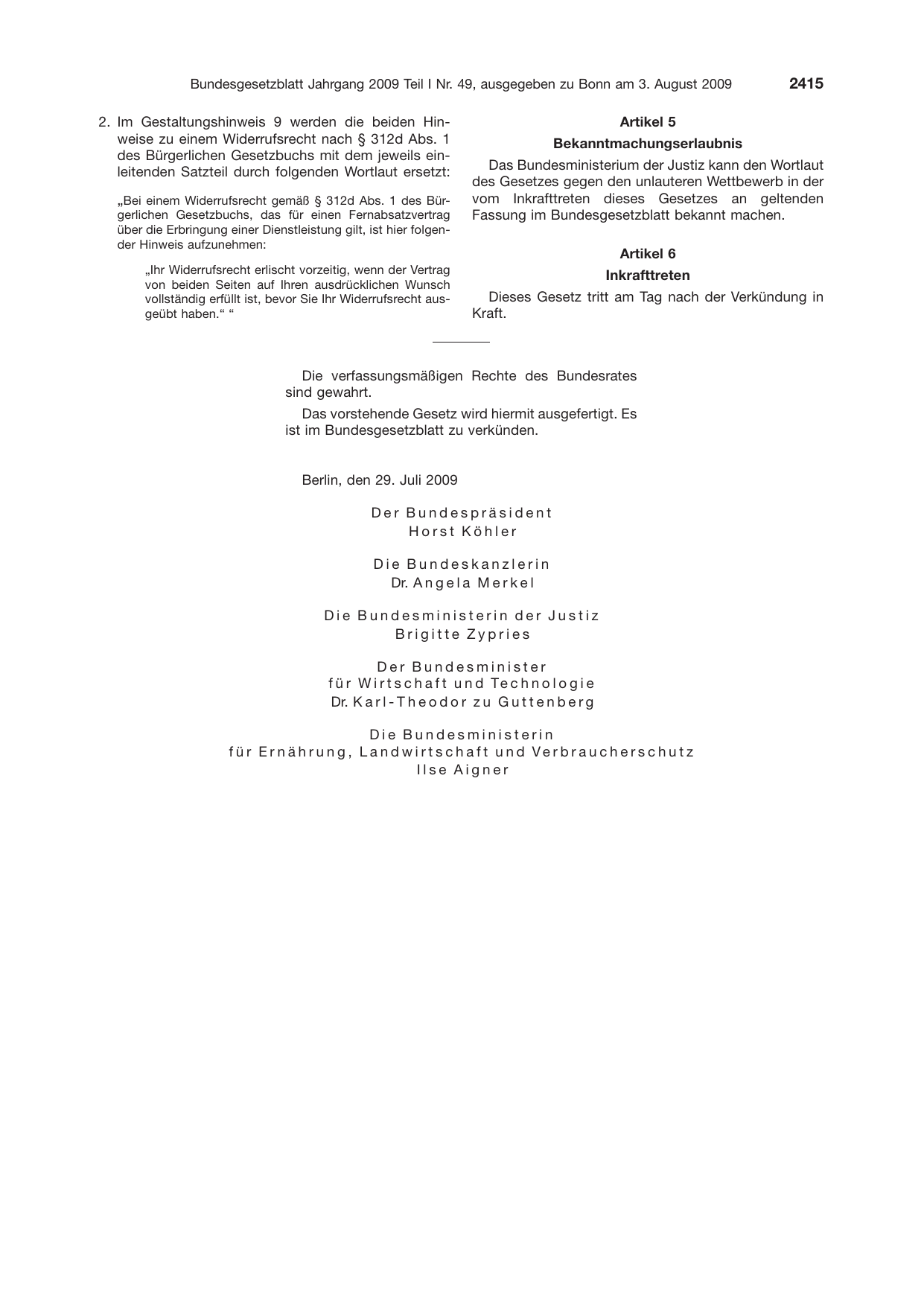 BGBl. 2009, Seite 2415 — Originalseite als Abbildung