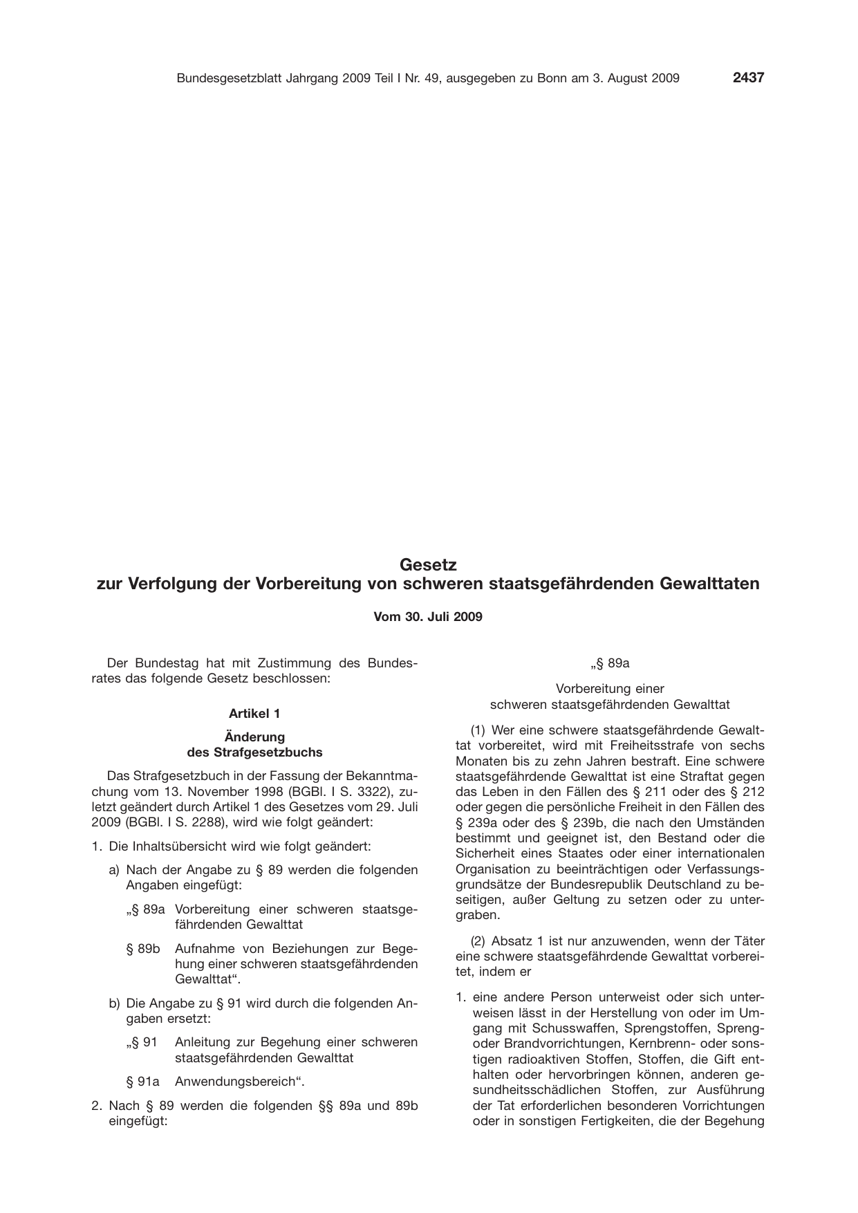 BGBl. 2009, Seite 2437 — Originalseite als Abbildung