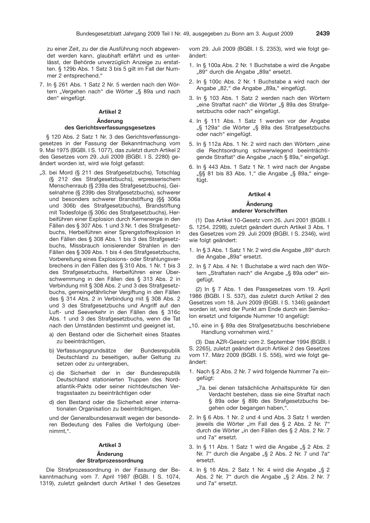 BGBl. 2009, Seite 2439 — Originalseite als Abbildung