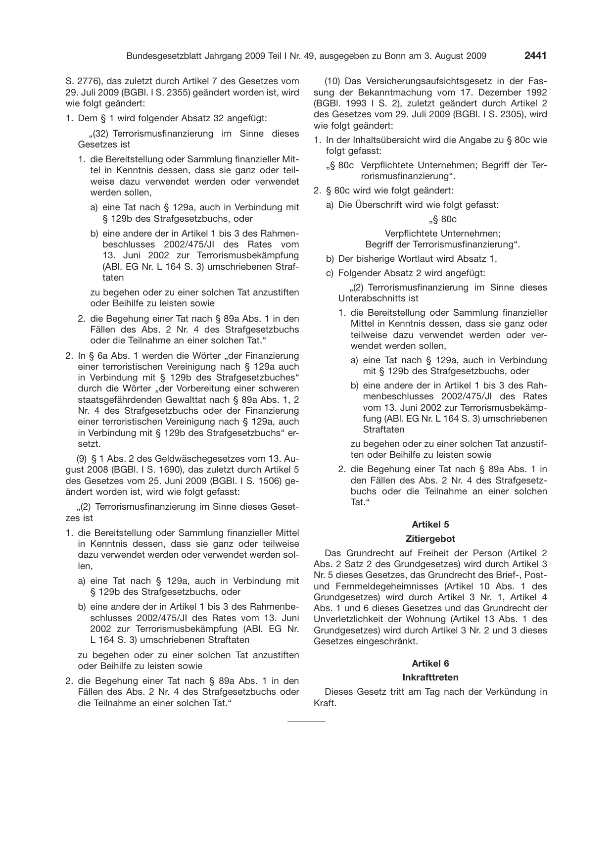 BGBl. 2009, Seite 2441 — Originalseite als Abbildung