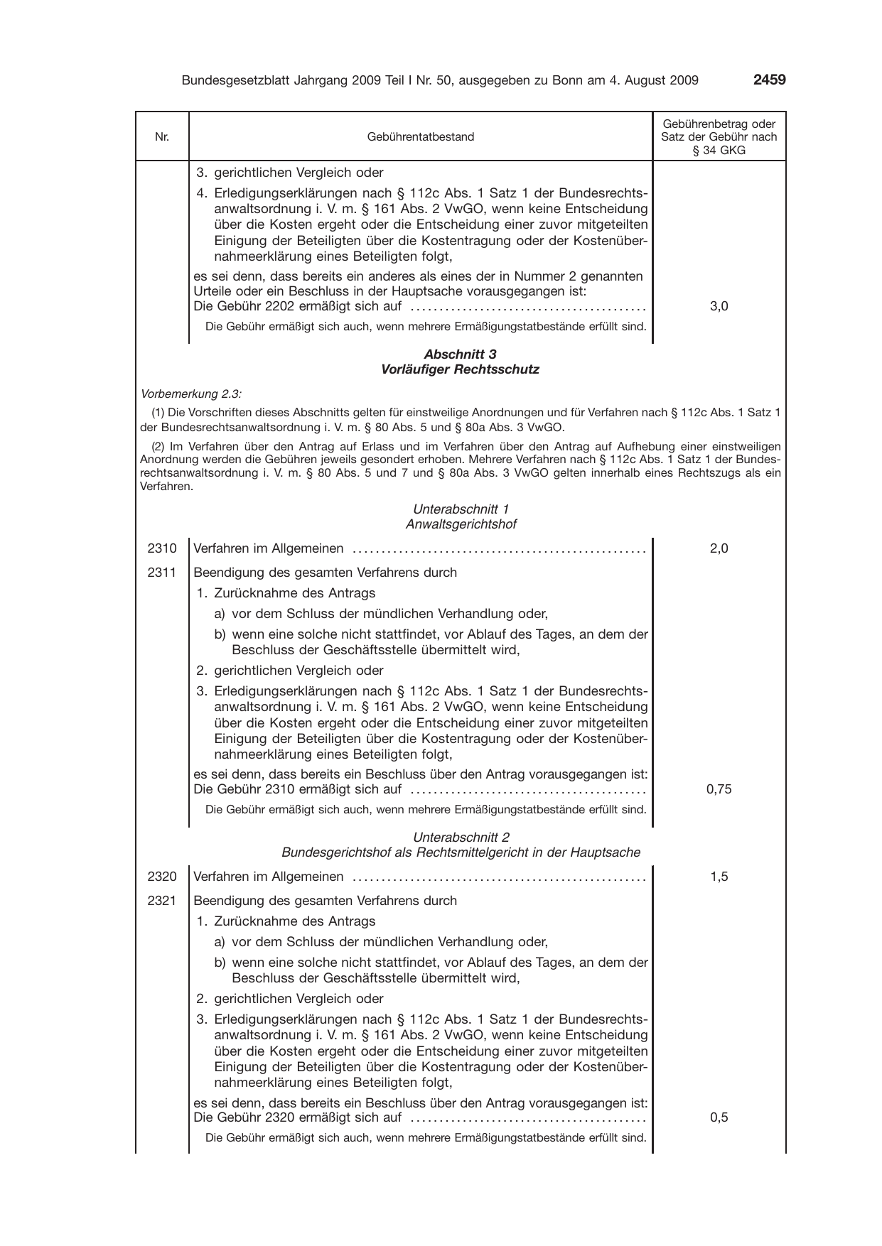 BGBl. 2009, Seite 2459 — Originalseite als Abbildung