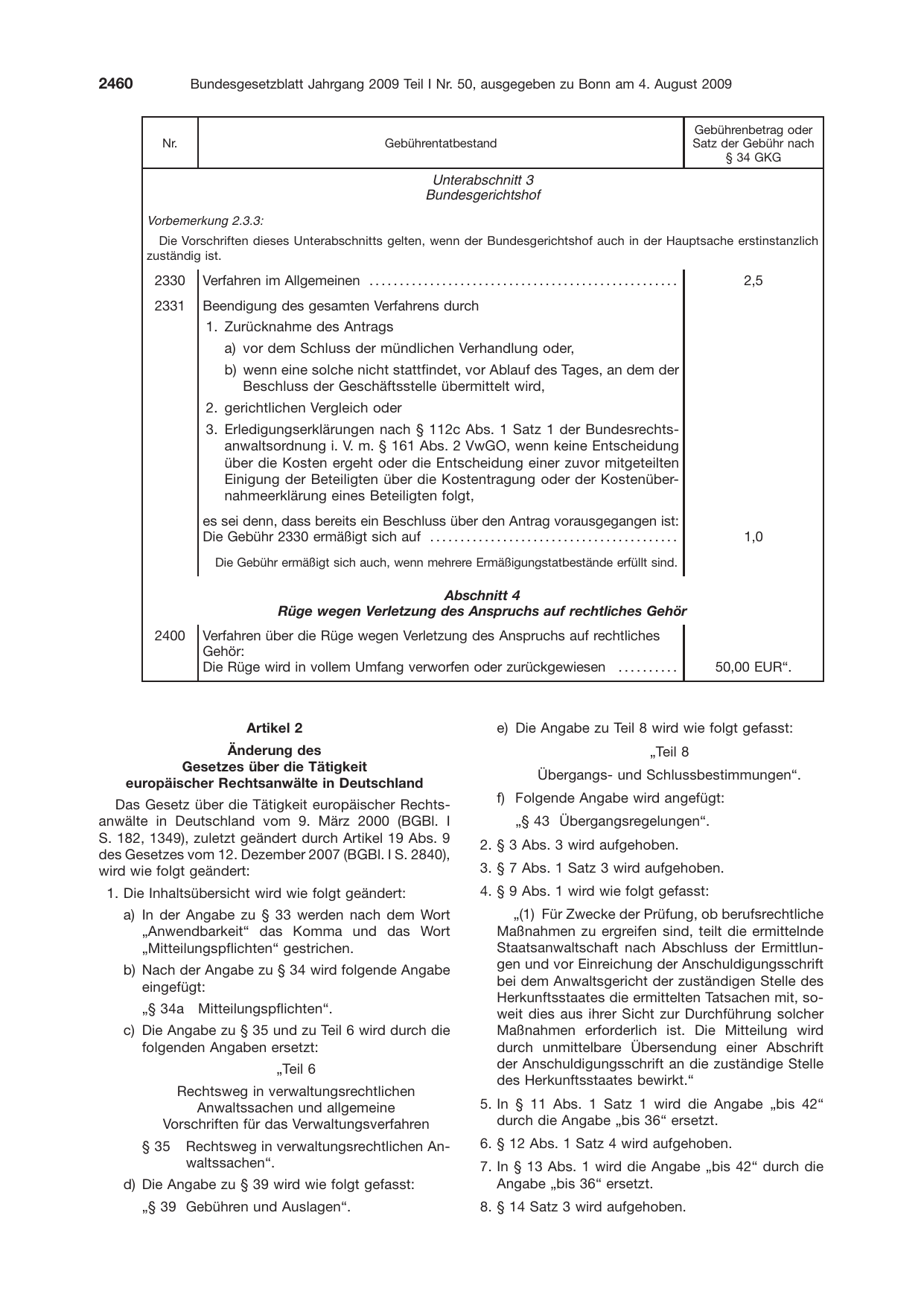 BGBl. 2009, Seite 2460 — Originalseite als Abbildung