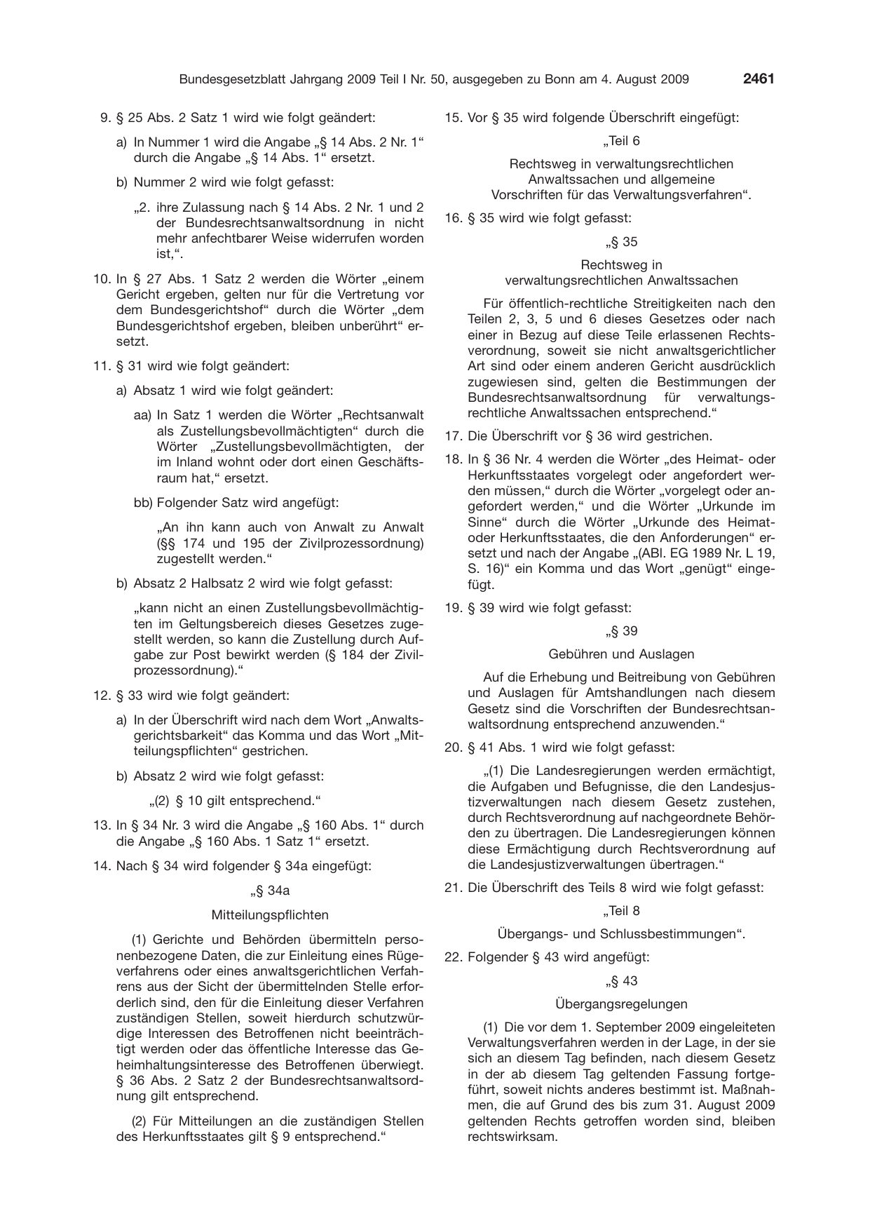 BGBl. 2009, Seite 2461 — Originalseite als Abbildung