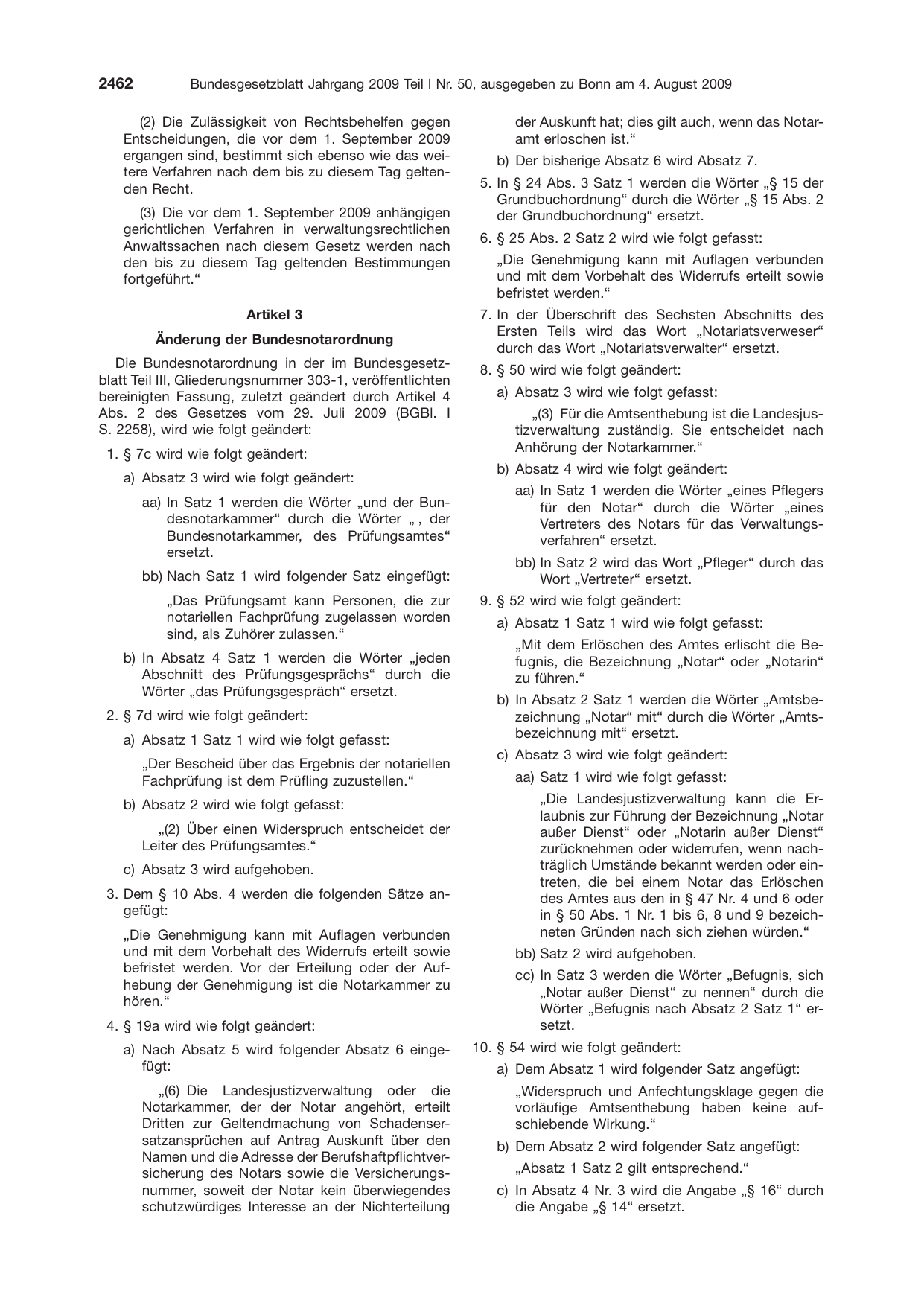 BGBl. 2009, Seite 2462 — Originalseite als Abbildung