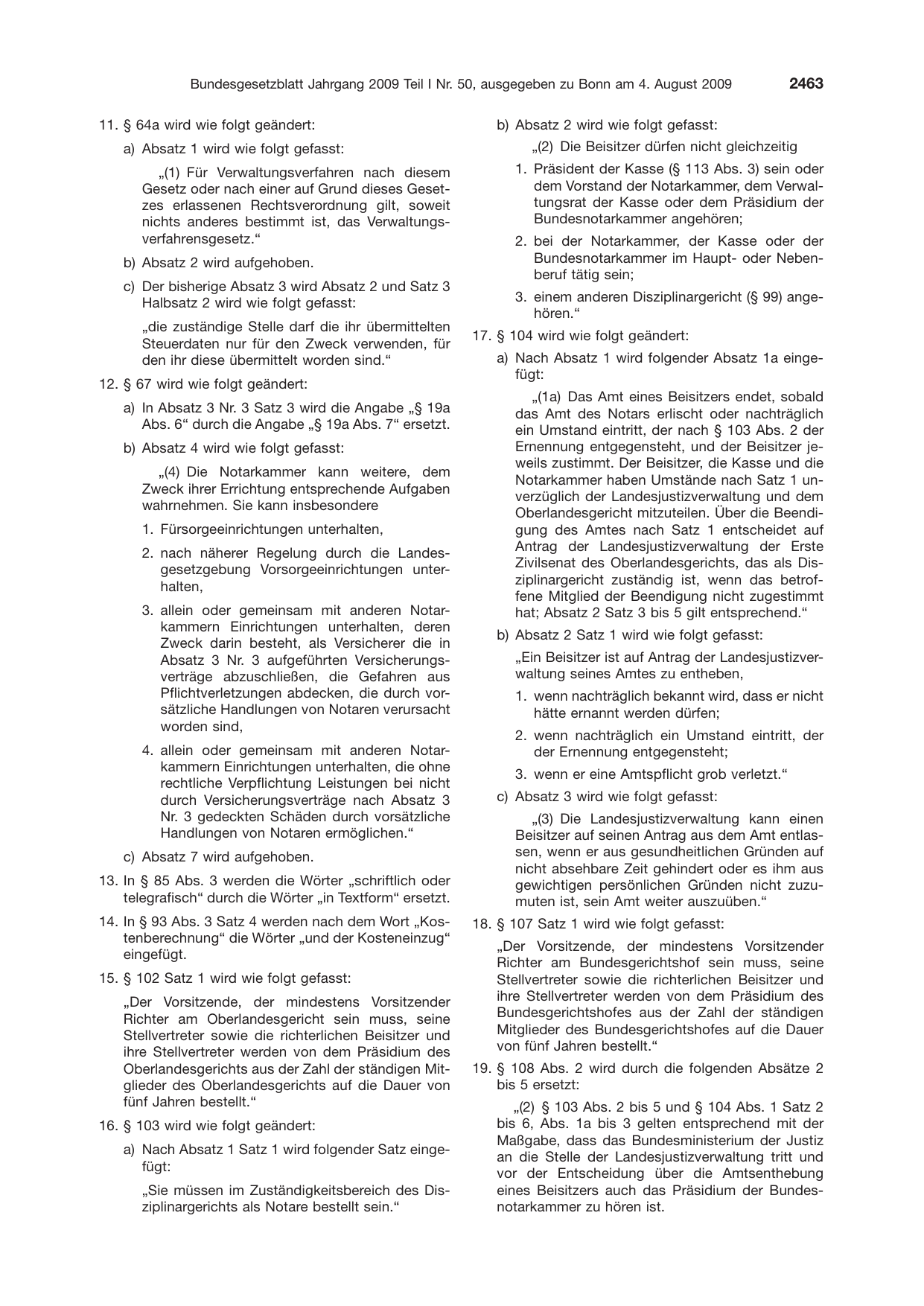 BGBl. 2009, Seite 2463 — Originalseite als Abbildung