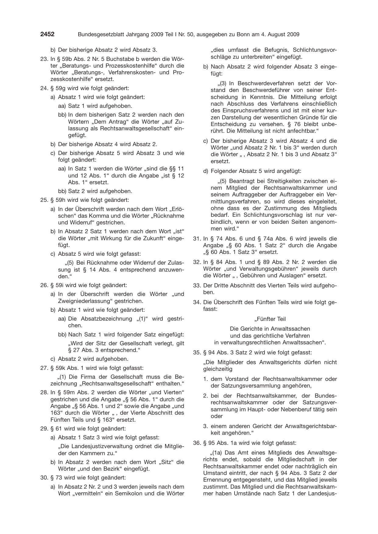 BGBl. 2009, Seite 2452 — Originalseite als Abbildung