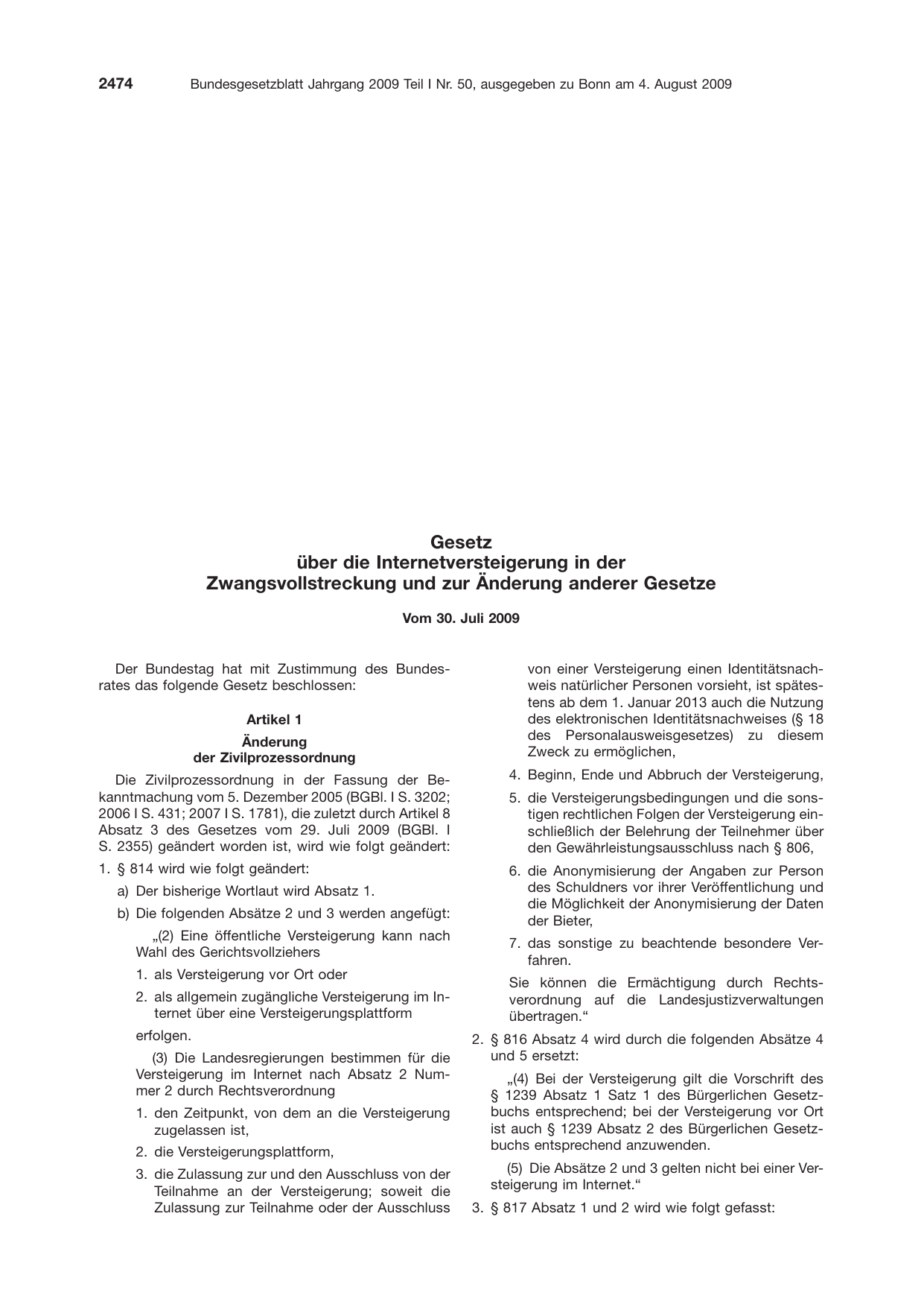 BGBl. 2009, Seite 2474 — Originalseite als Abbildung