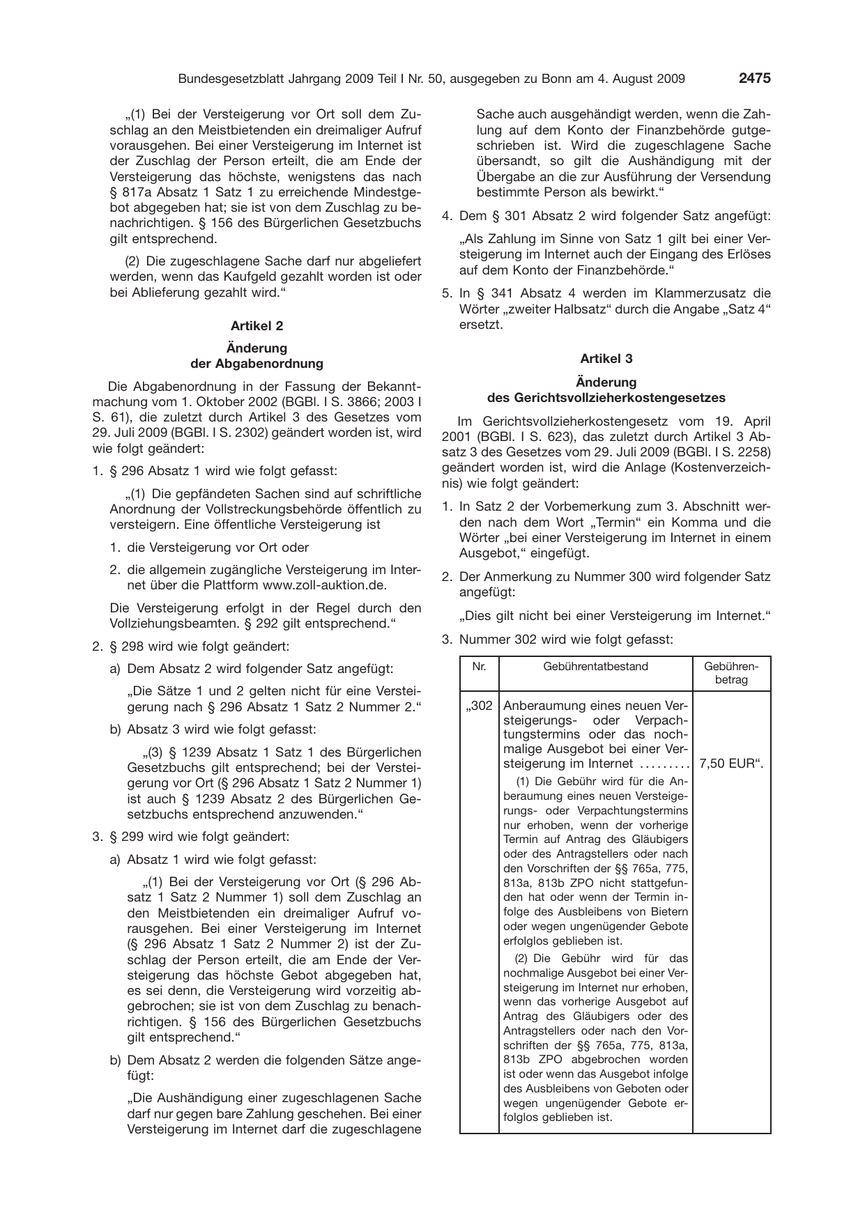BGBl. 2009, Seite 2475 — Originalseite als Abbildung