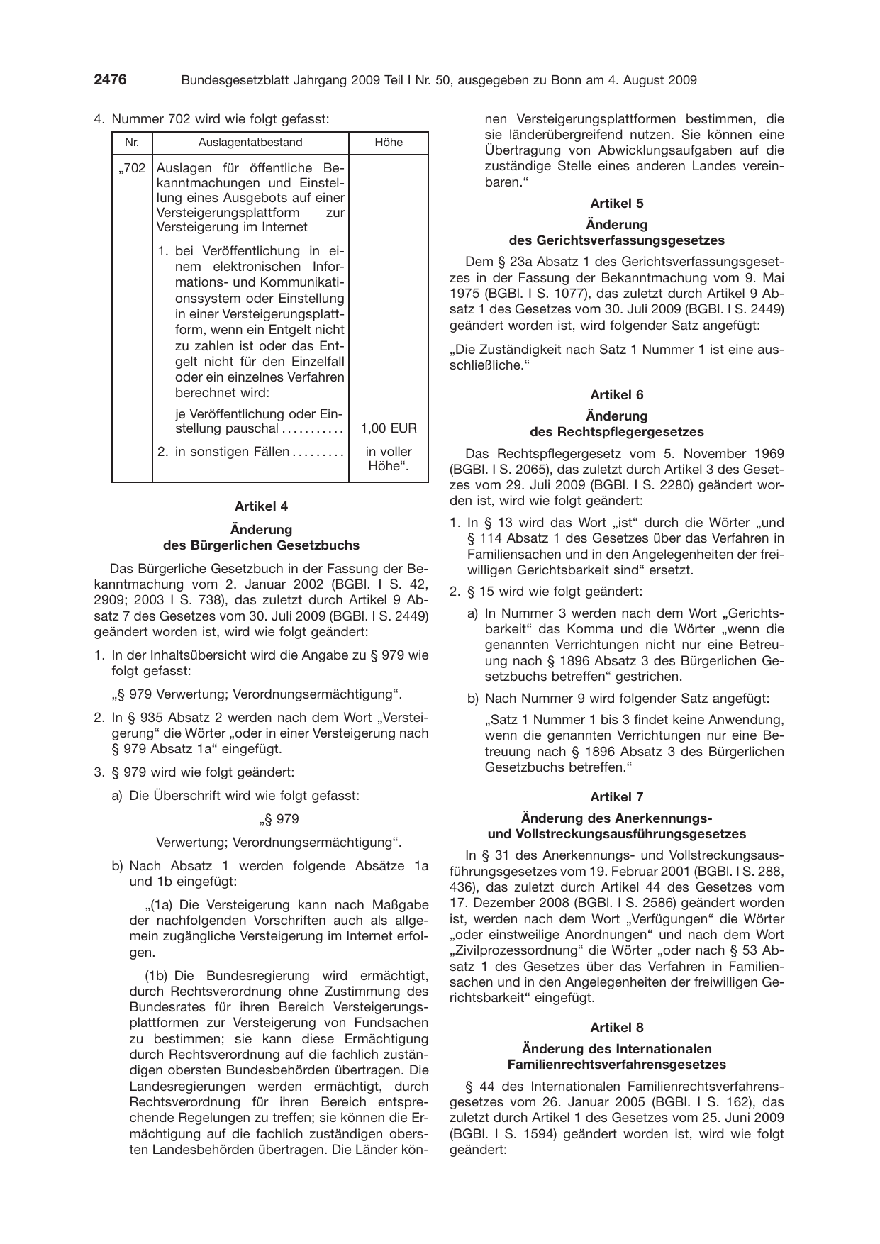 BGBl. 2009, Seite 2476 — Originalseite als Abbildung