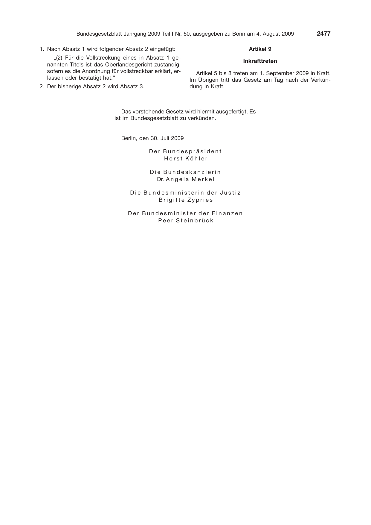 BGBl. 2009, Seite 2477 — Originalseite als Abbildung