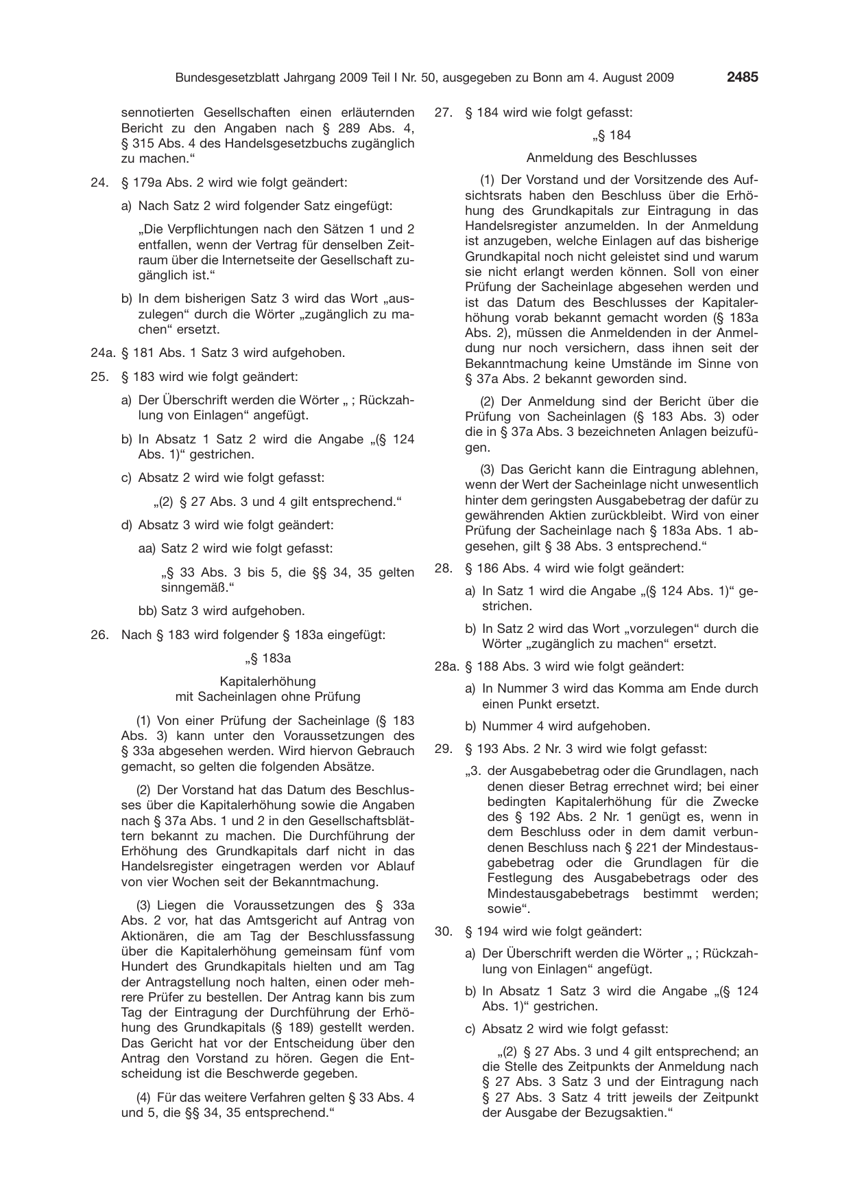 BGBl. 2009, Seite 2485 — Originalseite als Abbildung