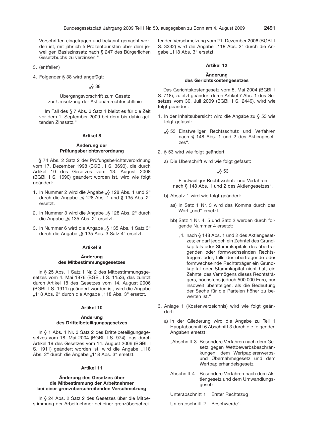BGBl. 2009, Seite 2491 — Originalseite als Abbildung