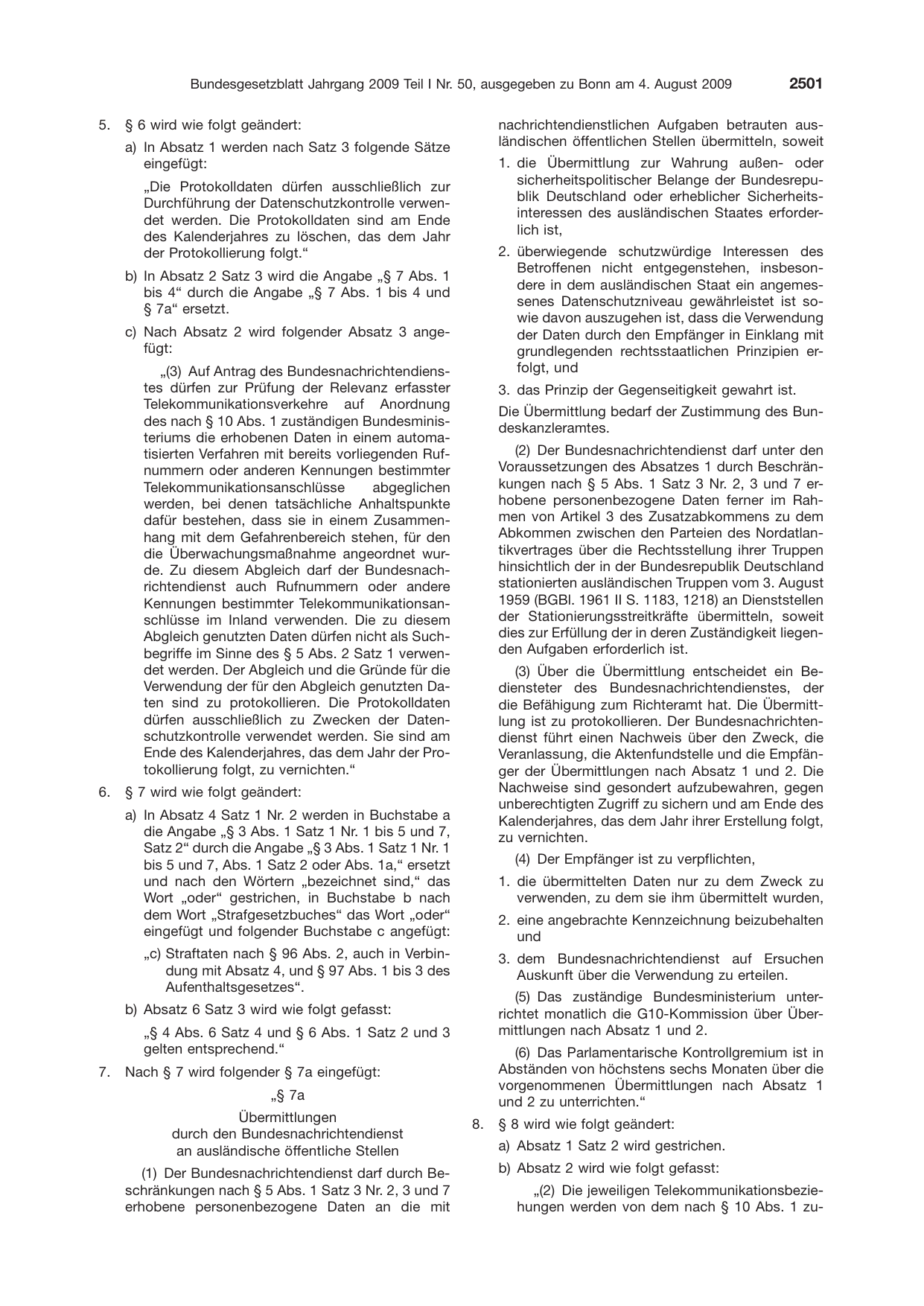 BGBl. 2009, Seite 2501 — Originalseite als Abbildung