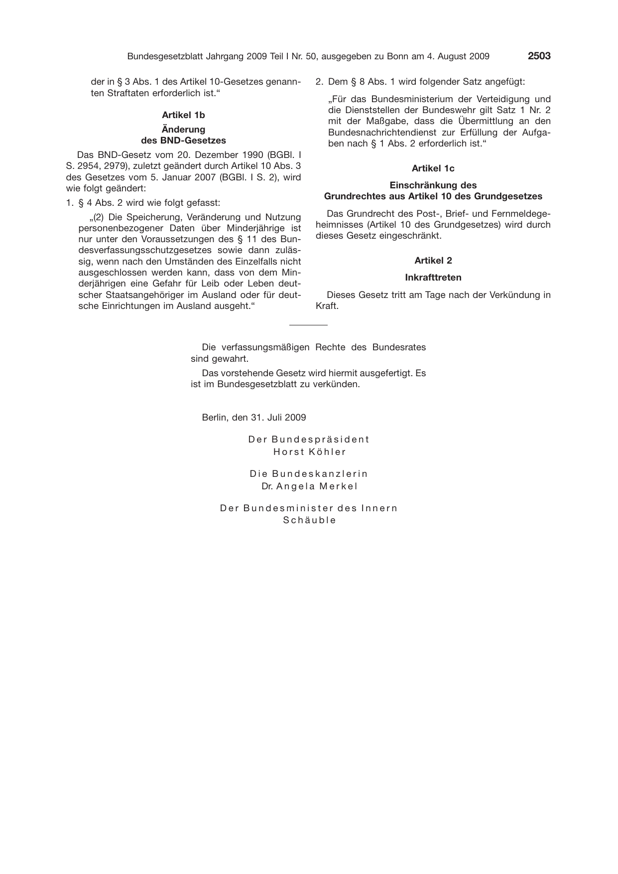 BGBl. 2009, Seite 2503 — Originalseite als Abbildung
