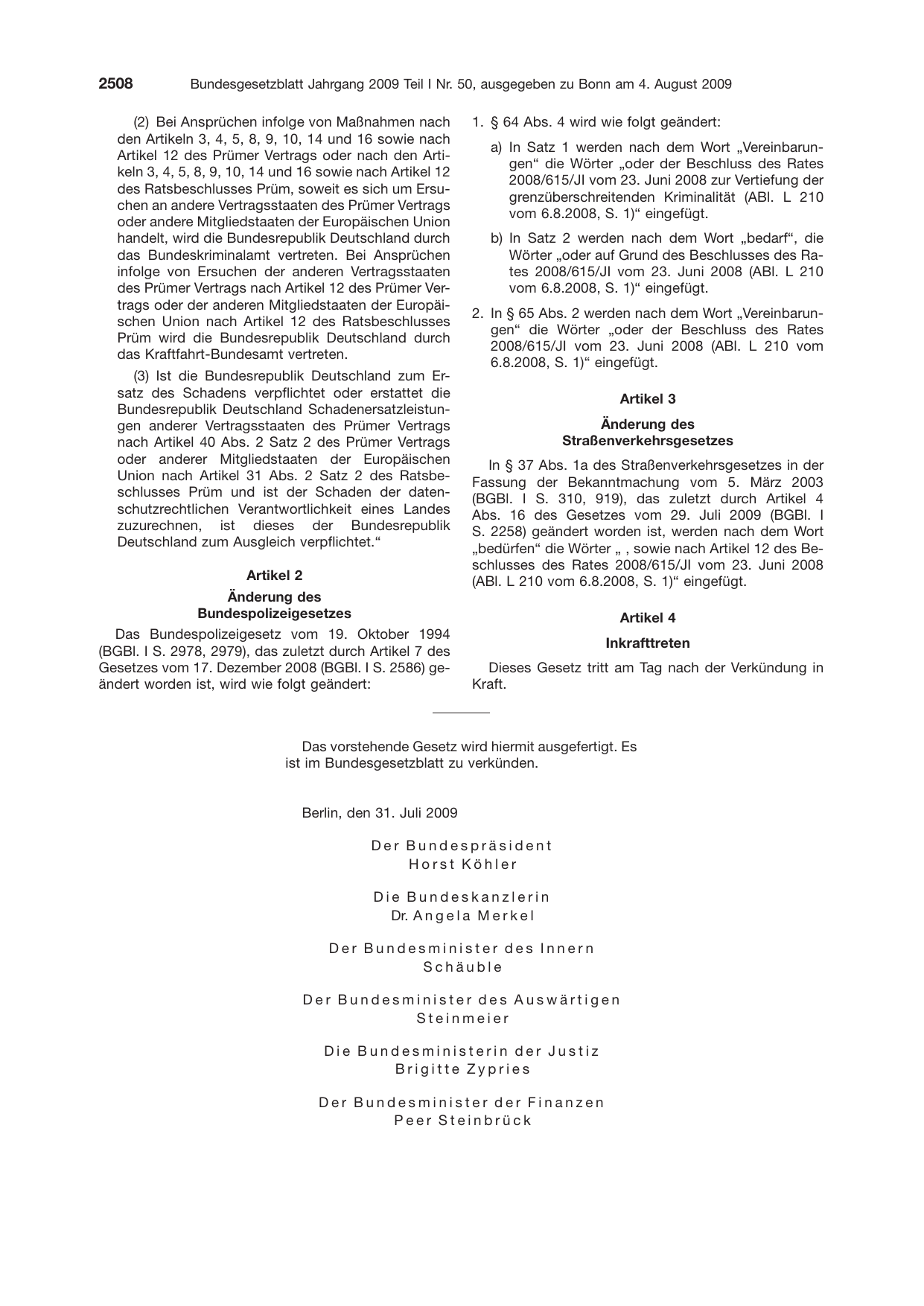 BGBl. 2009, Seite 2508 — Originalseite als Abbildung