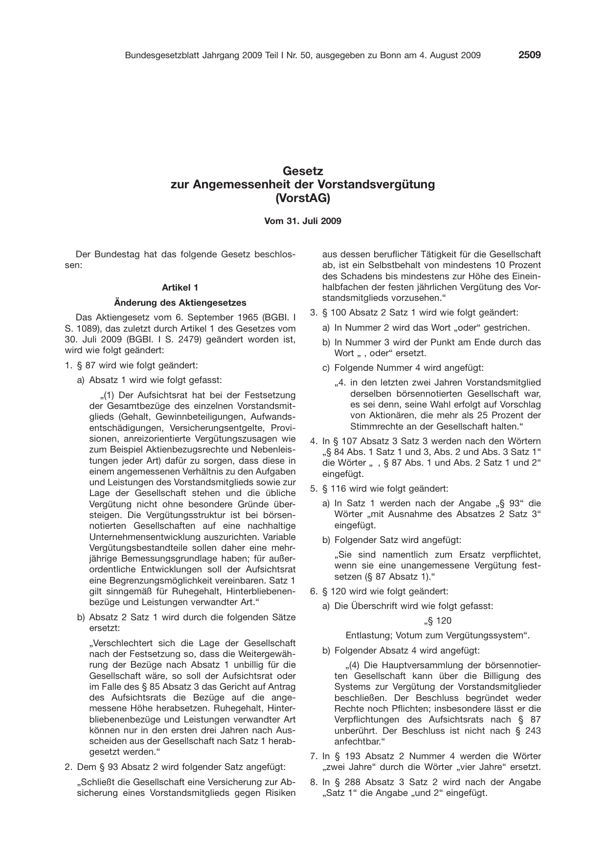 BGBl. 2009, Seite 2509 — Originalseite als Abbildung