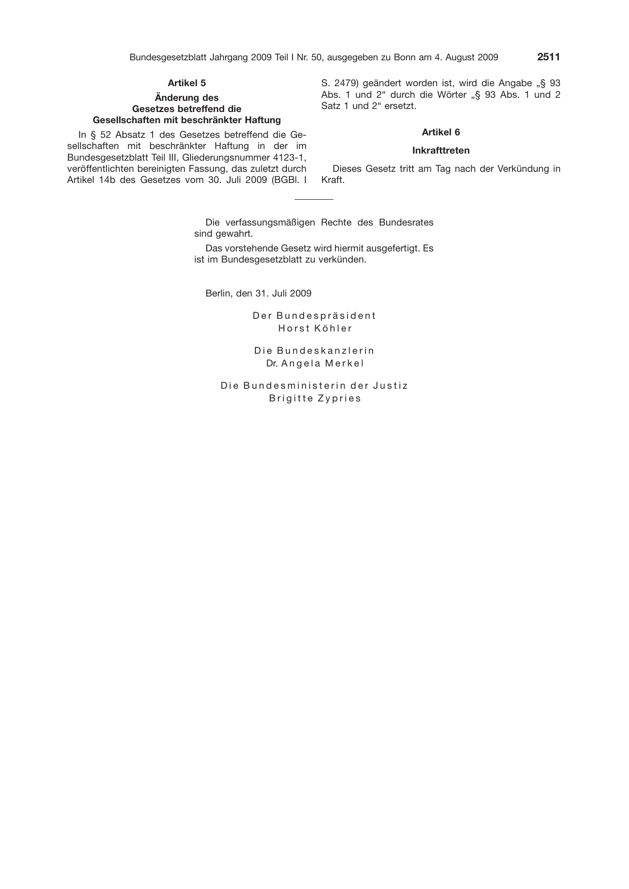 BGBl. 2009, Seite 2511 — Originalseite als Abbildung