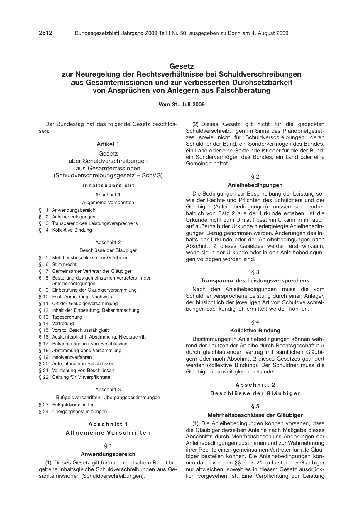 BGBl. 2009, Seite 2512 — Originalseite als Abbildung