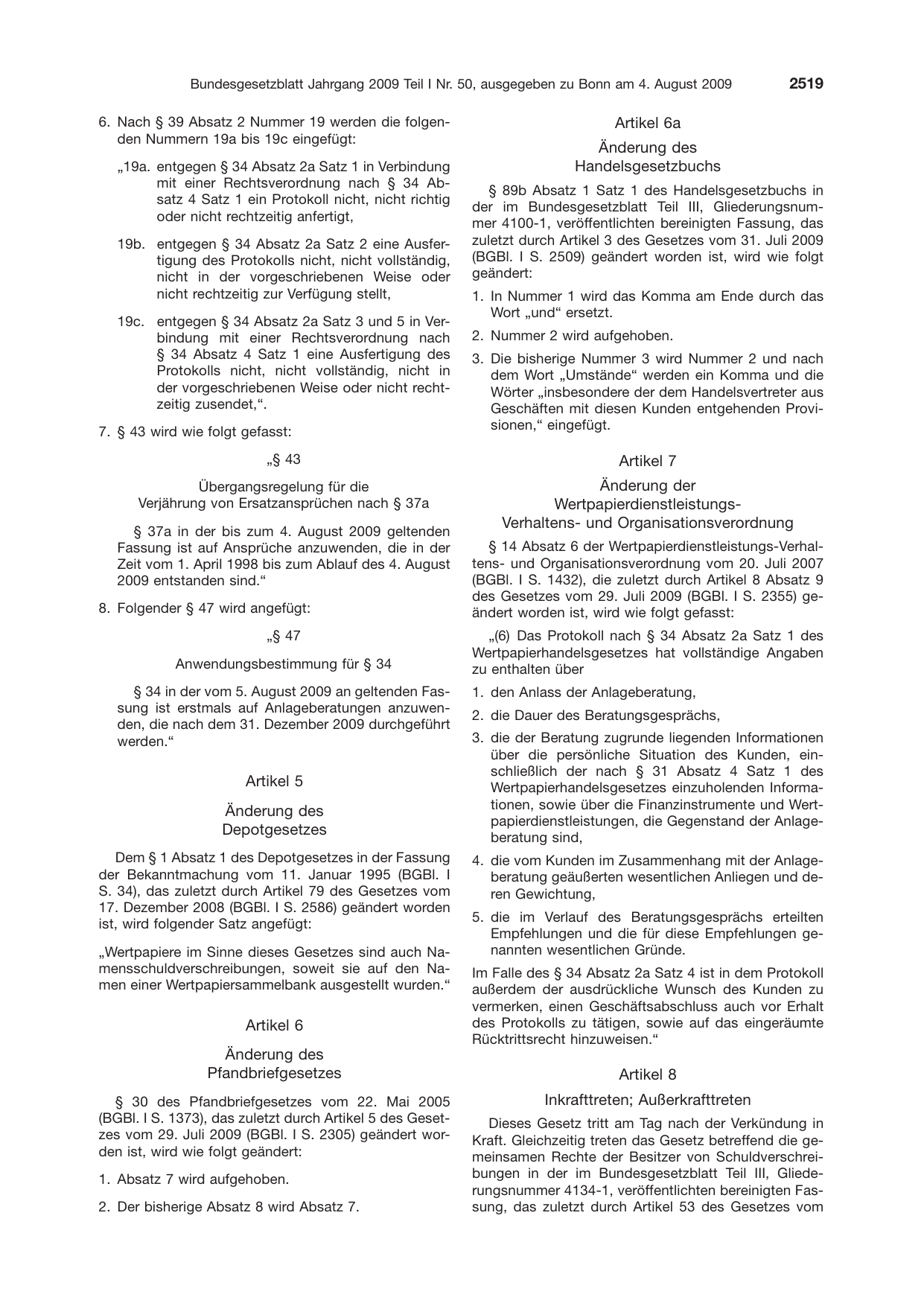 BGBl. 2009, Seite 2519 — Originalseite als Abbildung