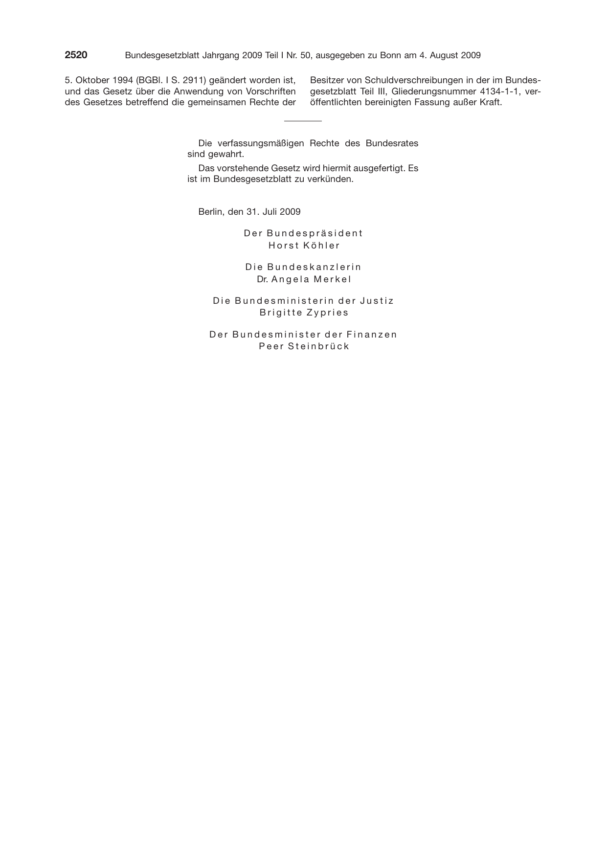 BGBl. 2009, Seite 2520 — Originalseite als Abbildung