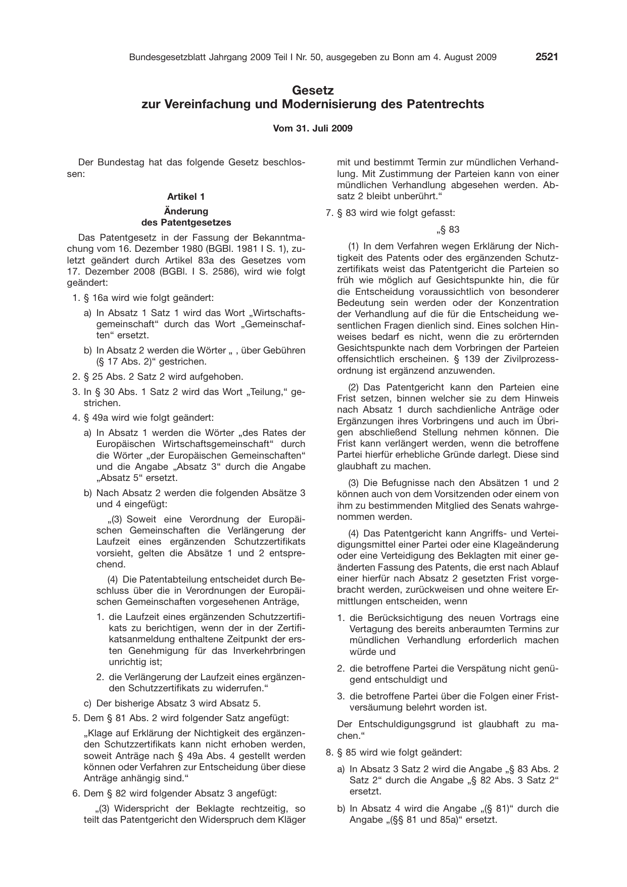 BGBl. 2009, Seite 2521 — Originalseite als Abbildung