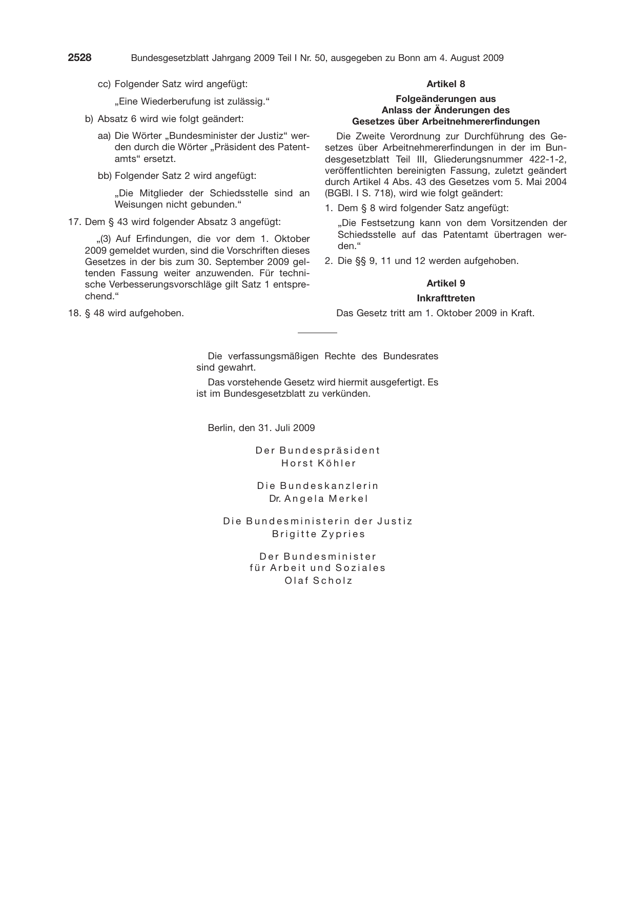 BGBl. 2009, Seite 2528 — Originalseite als Abbildung
