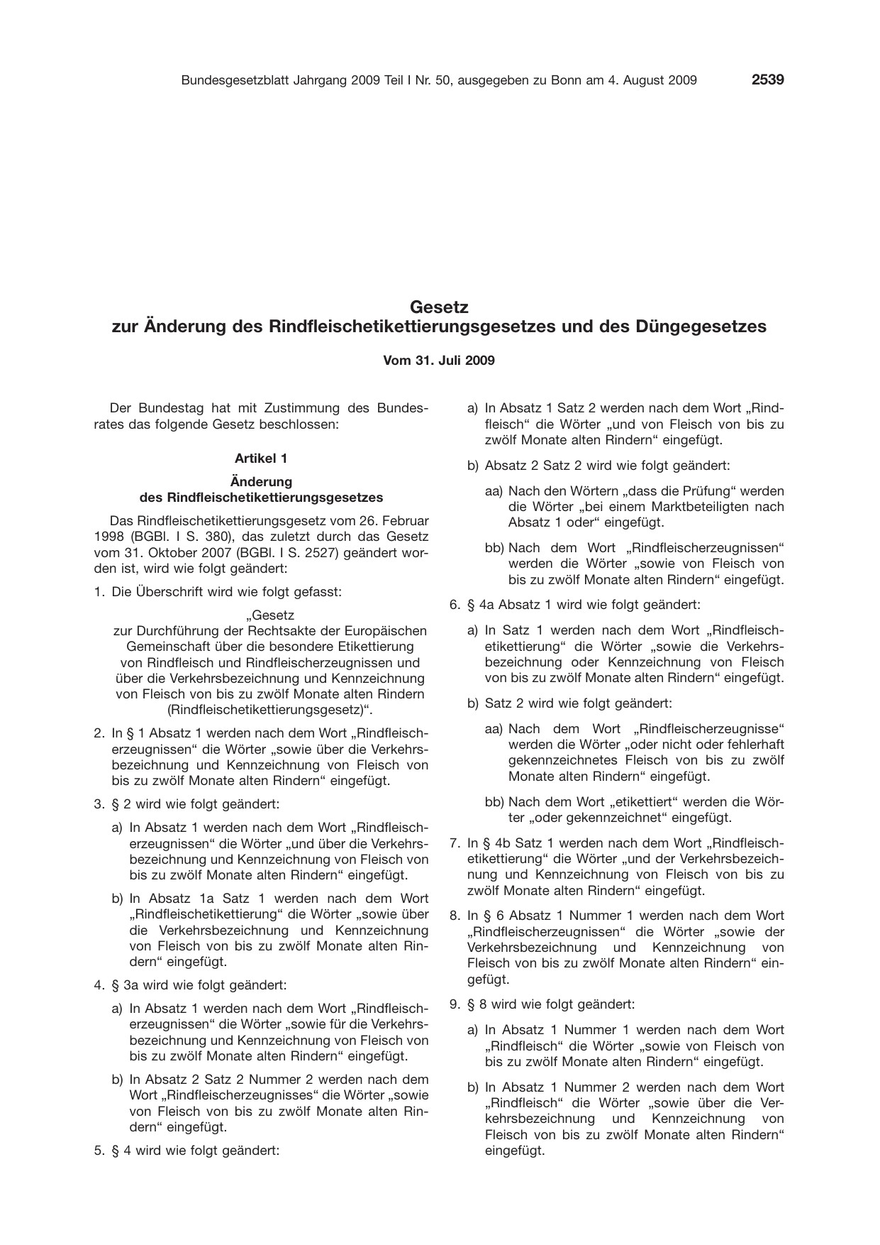 BGBl. 2009, Seite 2539 — Originalseite als Abbildung