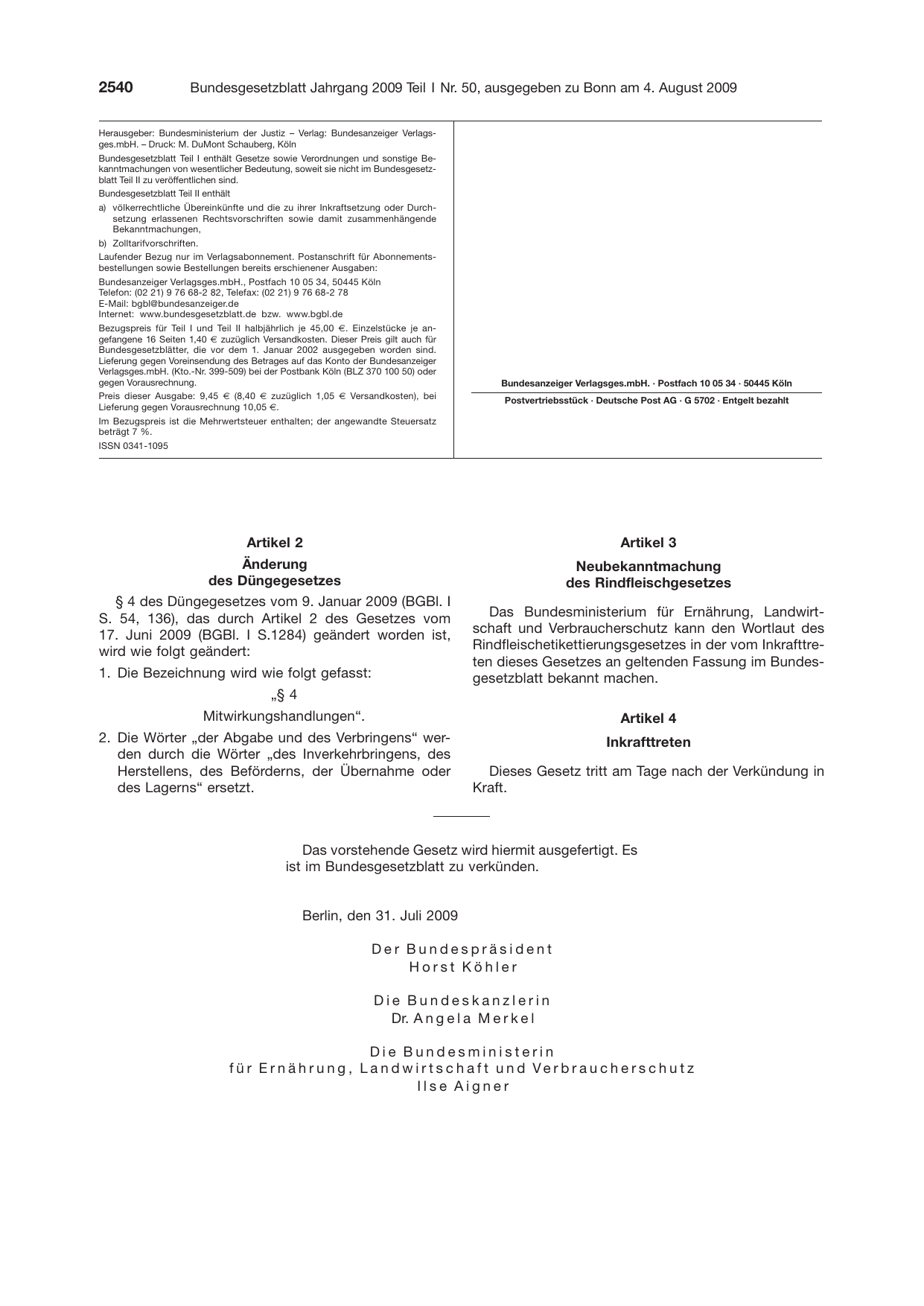 BGBl. 2009, Seite 2540 — Originalseite als Abbildung