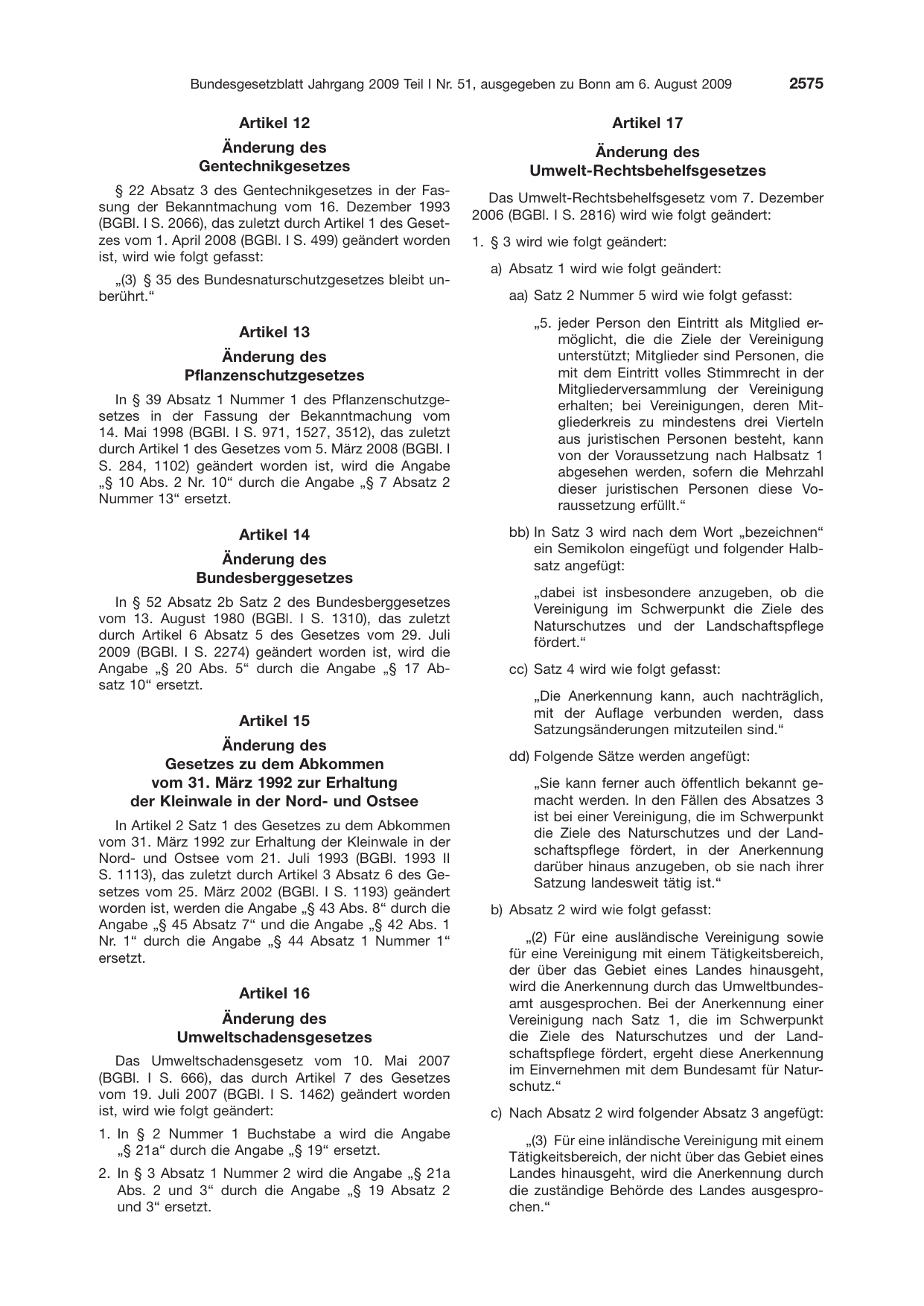 BGBl. 2009, Seite 2575 — Originalseite als Abbildung