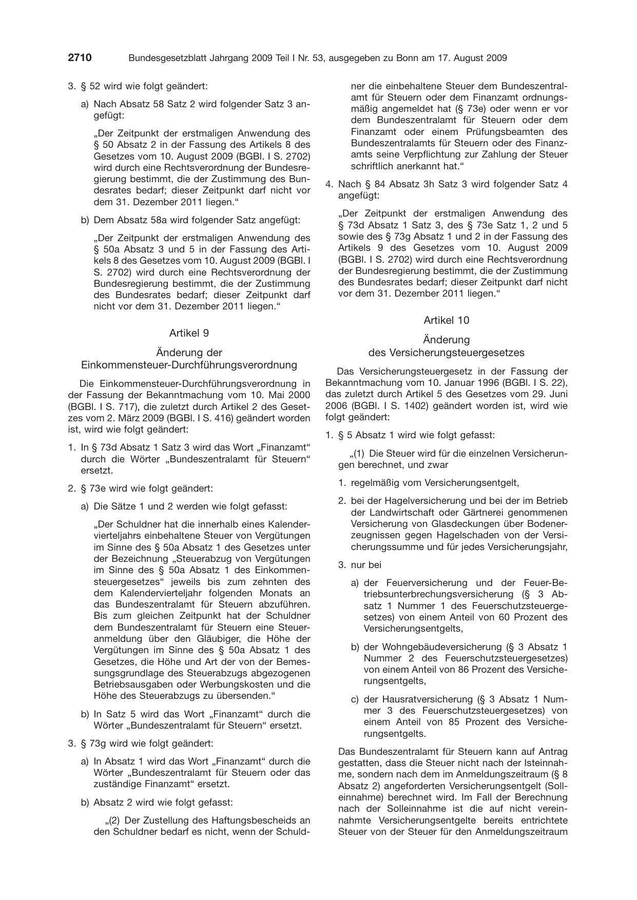 BGBl. 2009, Seite 2710 — Originalseite als Abbildung