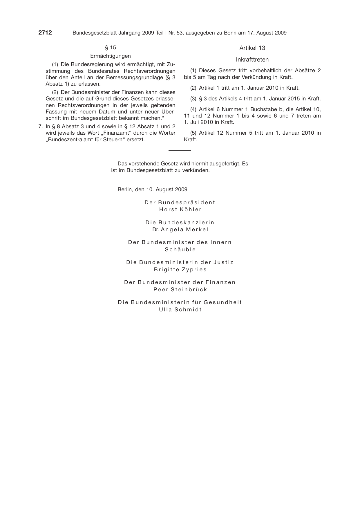 BGBl. 2009, Seite 2712 — Originalseite als Abbildung