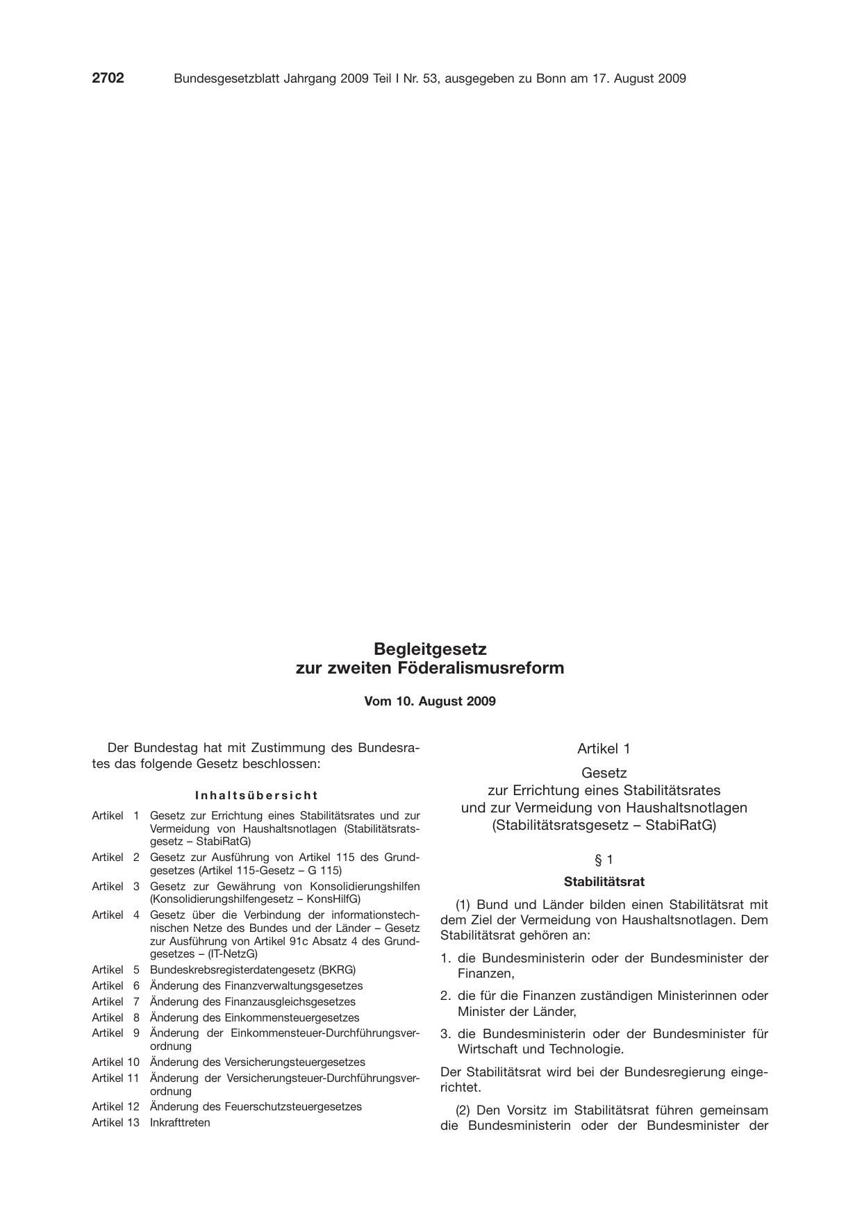 BGBl. 2009, Seite 2702 — Originalseite als Abbildung