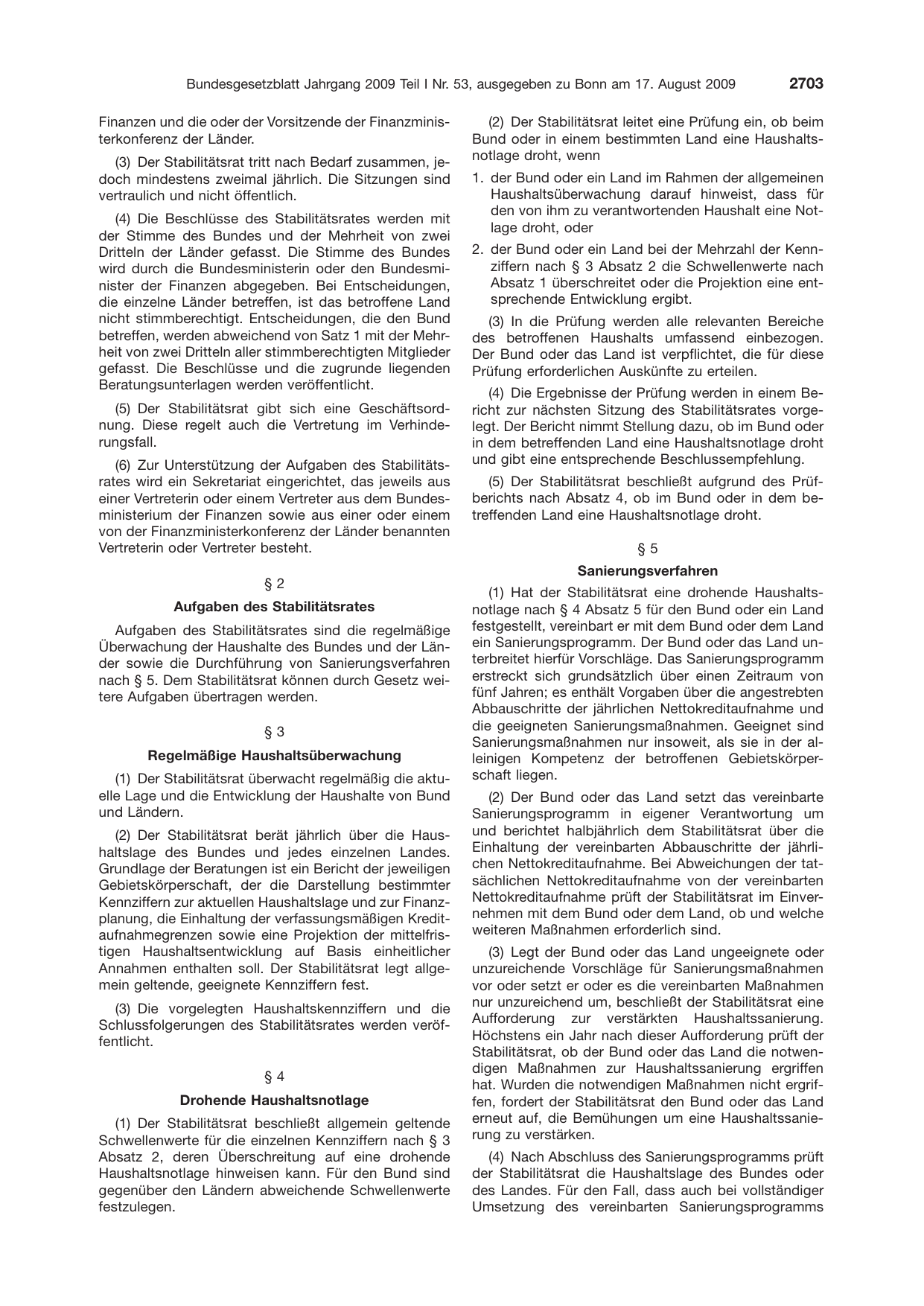 BGBl. 2009, Seite 2703 — Originalseite als Abbildung
