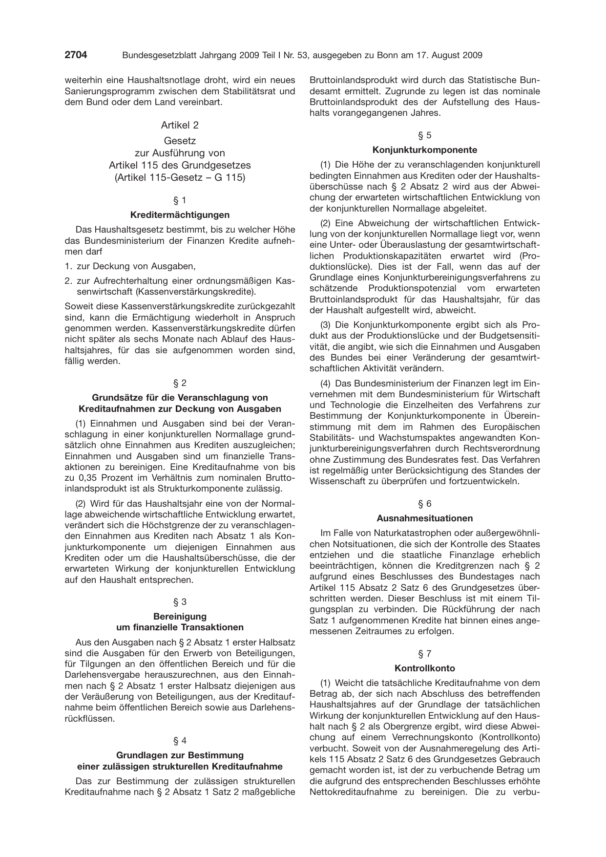 BGBl. 2009, Seite 2704 — Originalseite als Abbildung