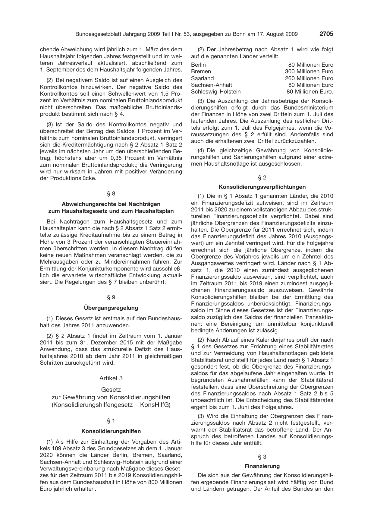 BGBl. 2009, Seite 2705 — Originalseite als Abbildung
