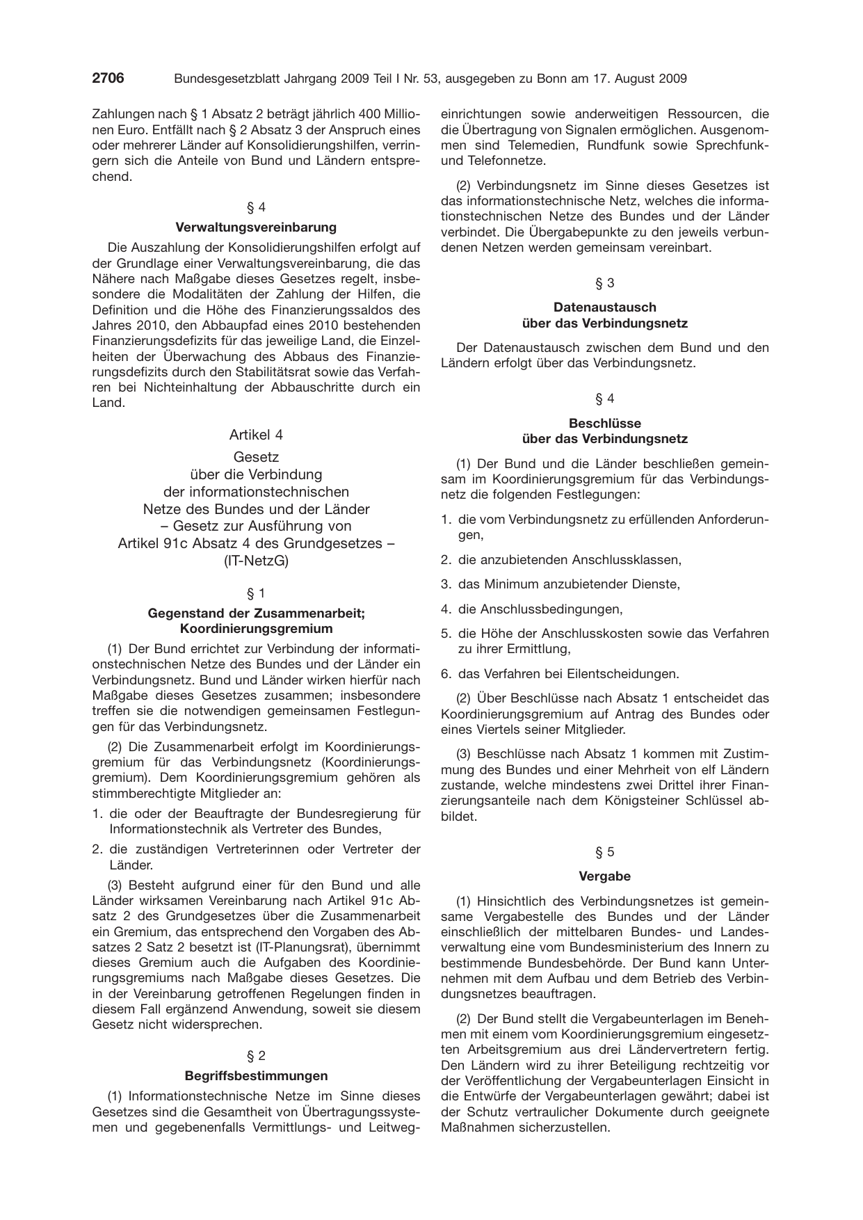 BGBl. 2009, Seite 2706 — Originalseite als Abbildung