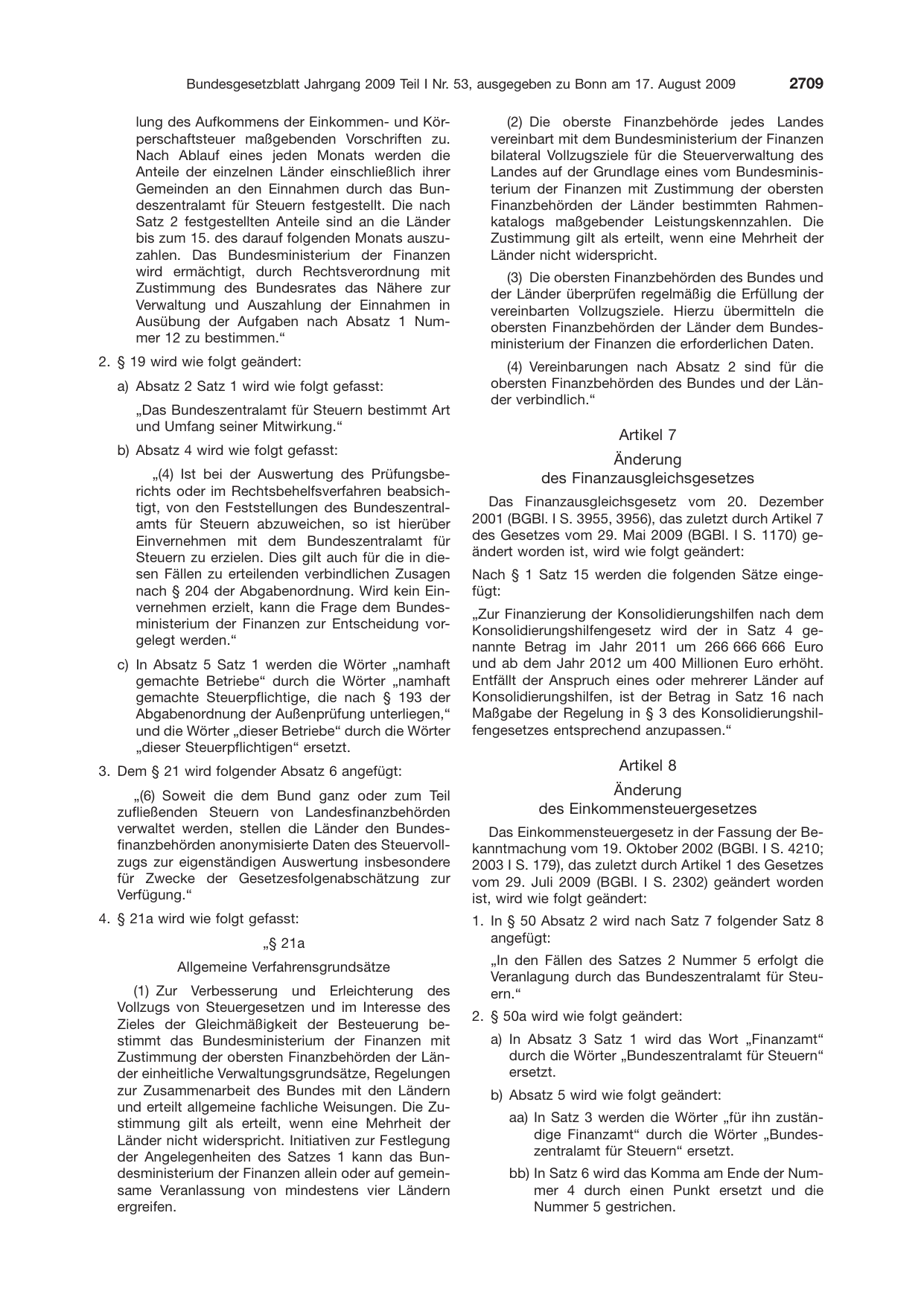 BGBl. 2009, Seite 2709 — Originalseite als Abbildung