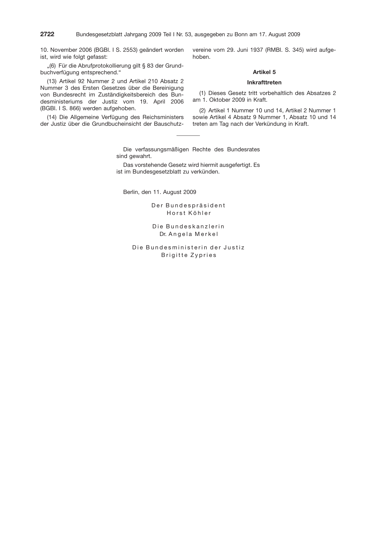 BGBl. 2009, Seite 2722 — Originalseite als Abbildung