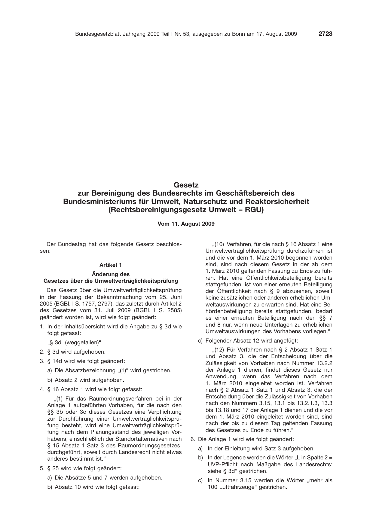 BGBl. 2009, Seite 2723 — Originalseite als Abbildung