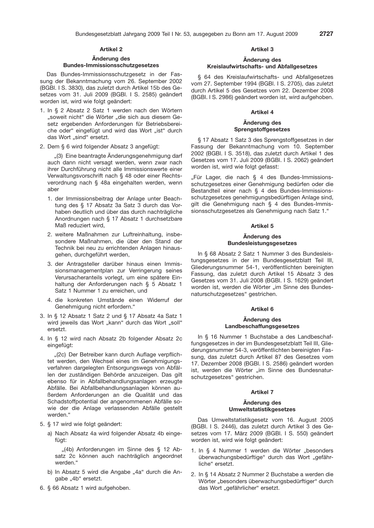 BGBl. 2009, Seite 2727 — Originalseite als Abbildung