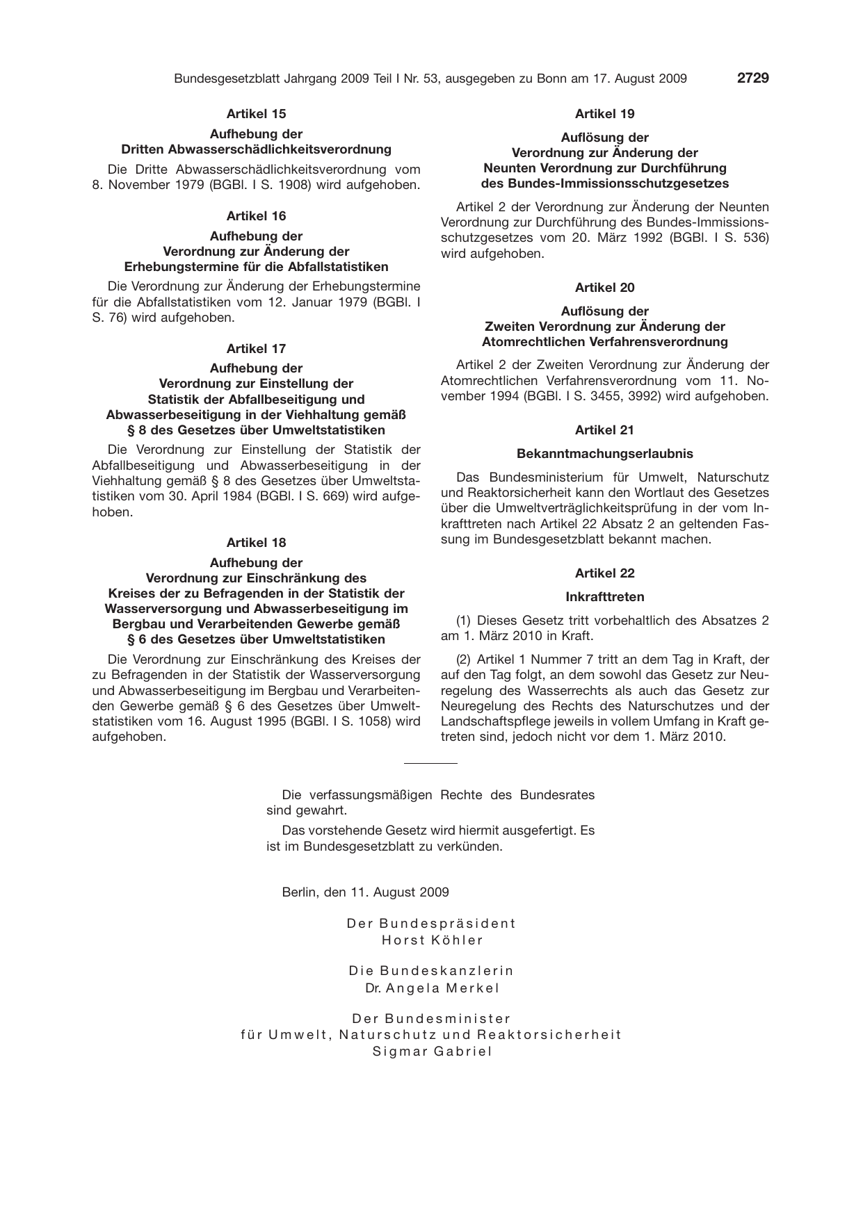 BGBl. 2009, Seite 2729 — Originalseite als Abbildung