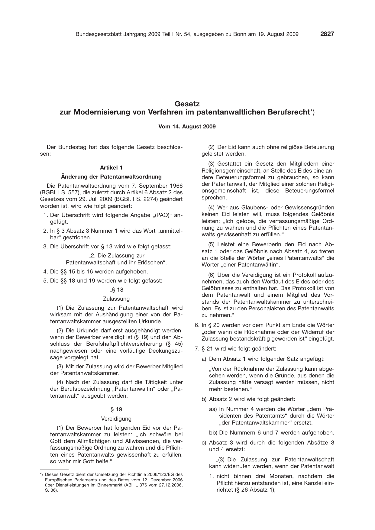 BGBl. 2009, Seite 2827 — Originalseite als Abbildung
