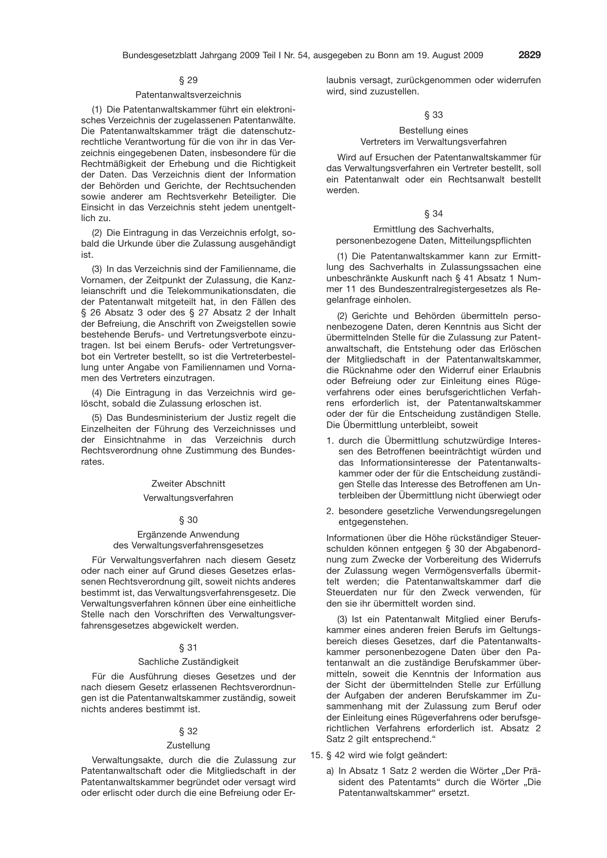 BGBl. 2009, Seite 2829 — Originalseite als Abbildung