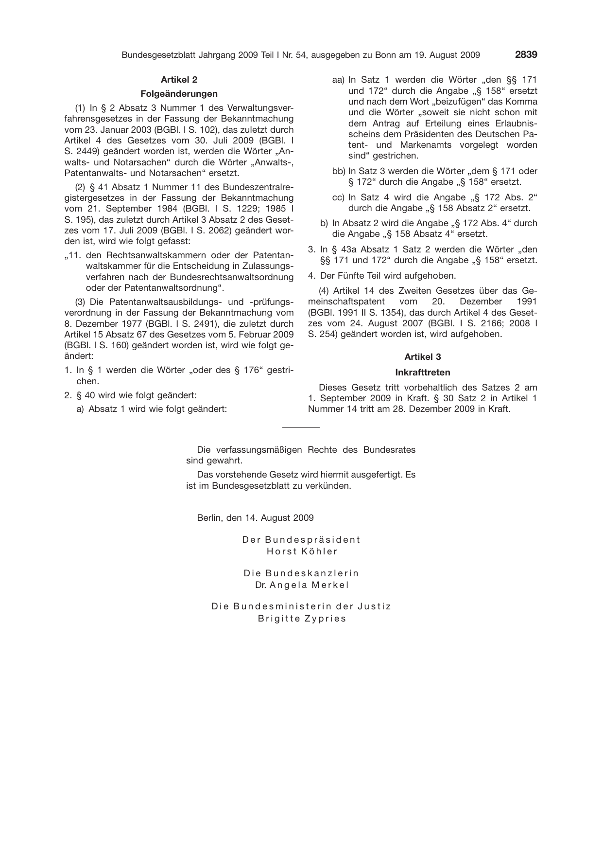 BGBl. 2009, Seite 2839 — Originalseite als Abbildung