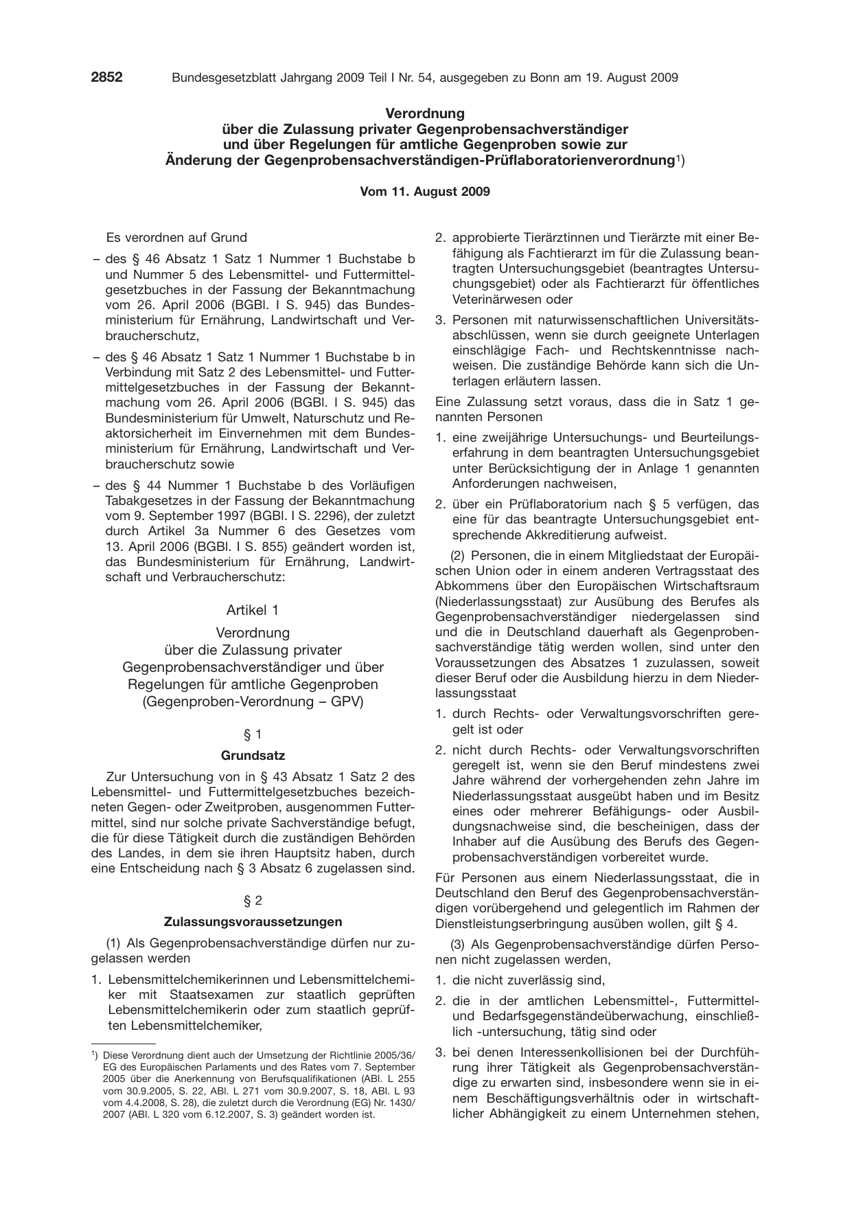 BGBl. 2009, Seite 2852 — Originalseite als Abbildung